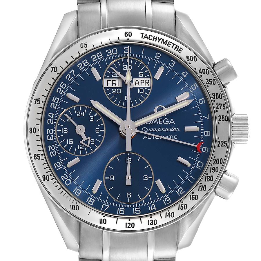 The Omega Speedmaster watch is shown from a direct front angle, highlighting its dial, chronograph subdials, and tachymeter bezel.