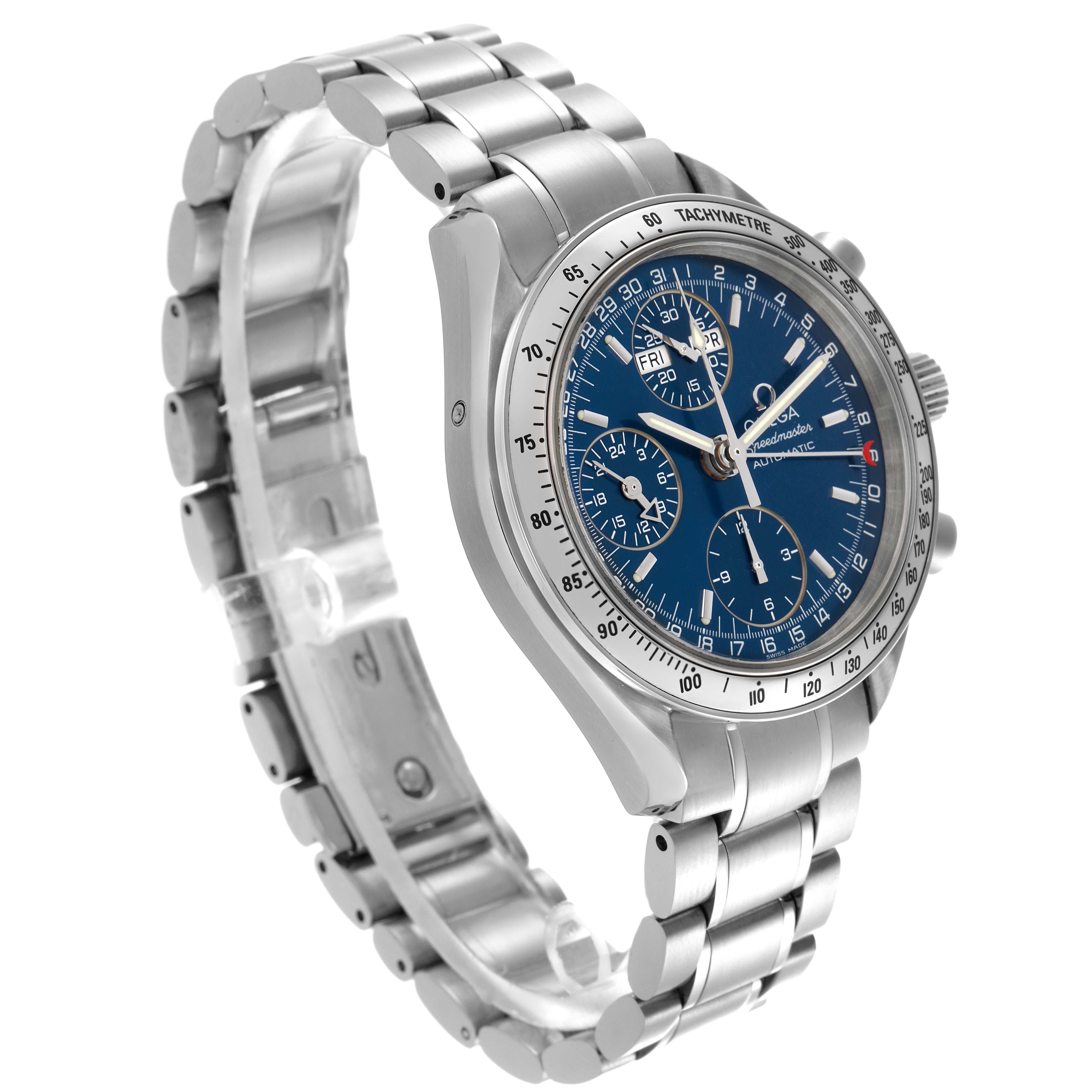 The image shows an Omega Speedmaster 3523.80.00 Men
s Stainless Steel Blue Dial 3523.80.00 Men
s Stainless Steel Blue Dial watch at a three-quarter angle, highlighting its bezel, dial, and bracelet.