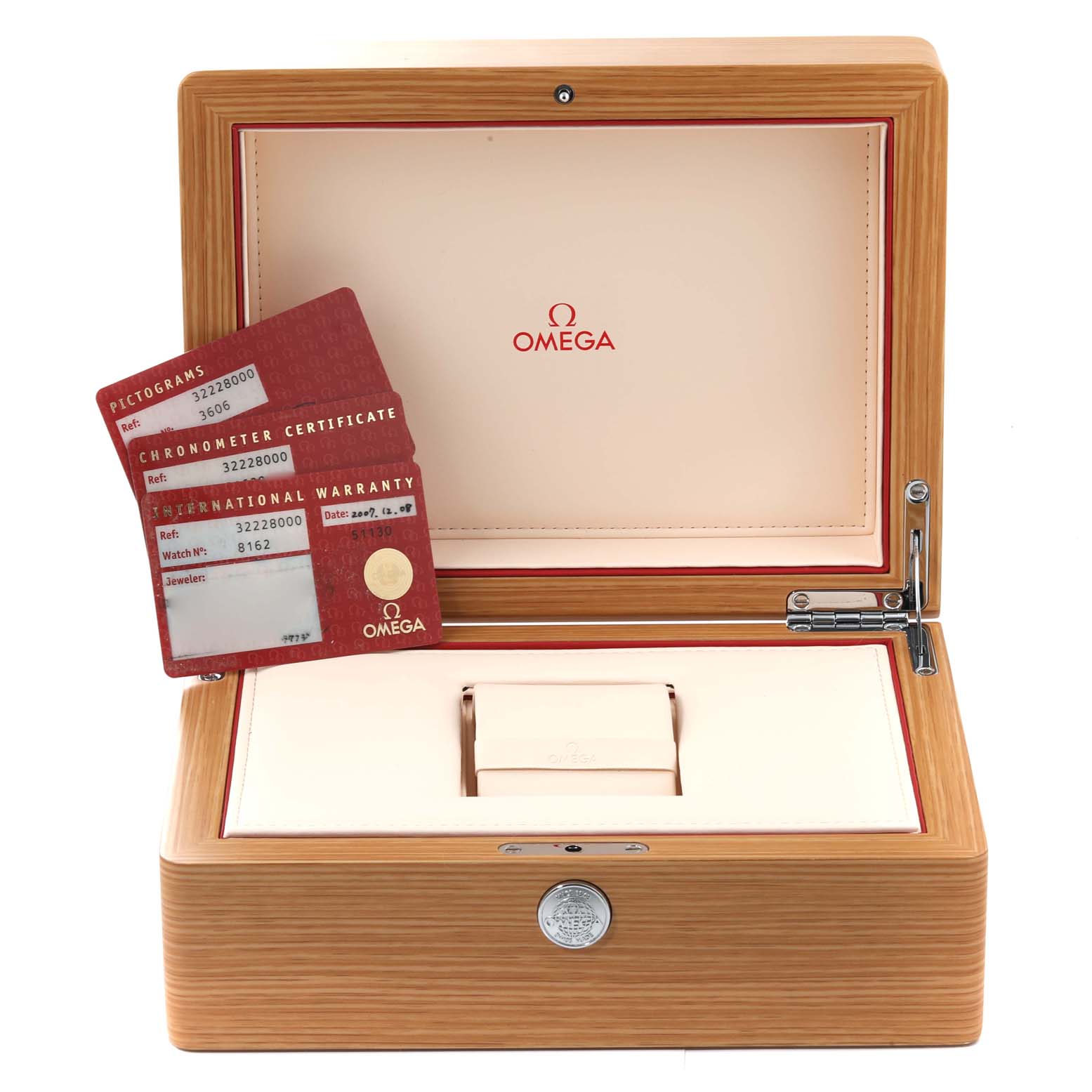 The image shows an open Omega Speedmaster 3222.80.00 Men's Stainless Steel Blue Dial 3222.80.00 Men's Stainless Steel Blue Dial watch box with warranty cards displayed inside.