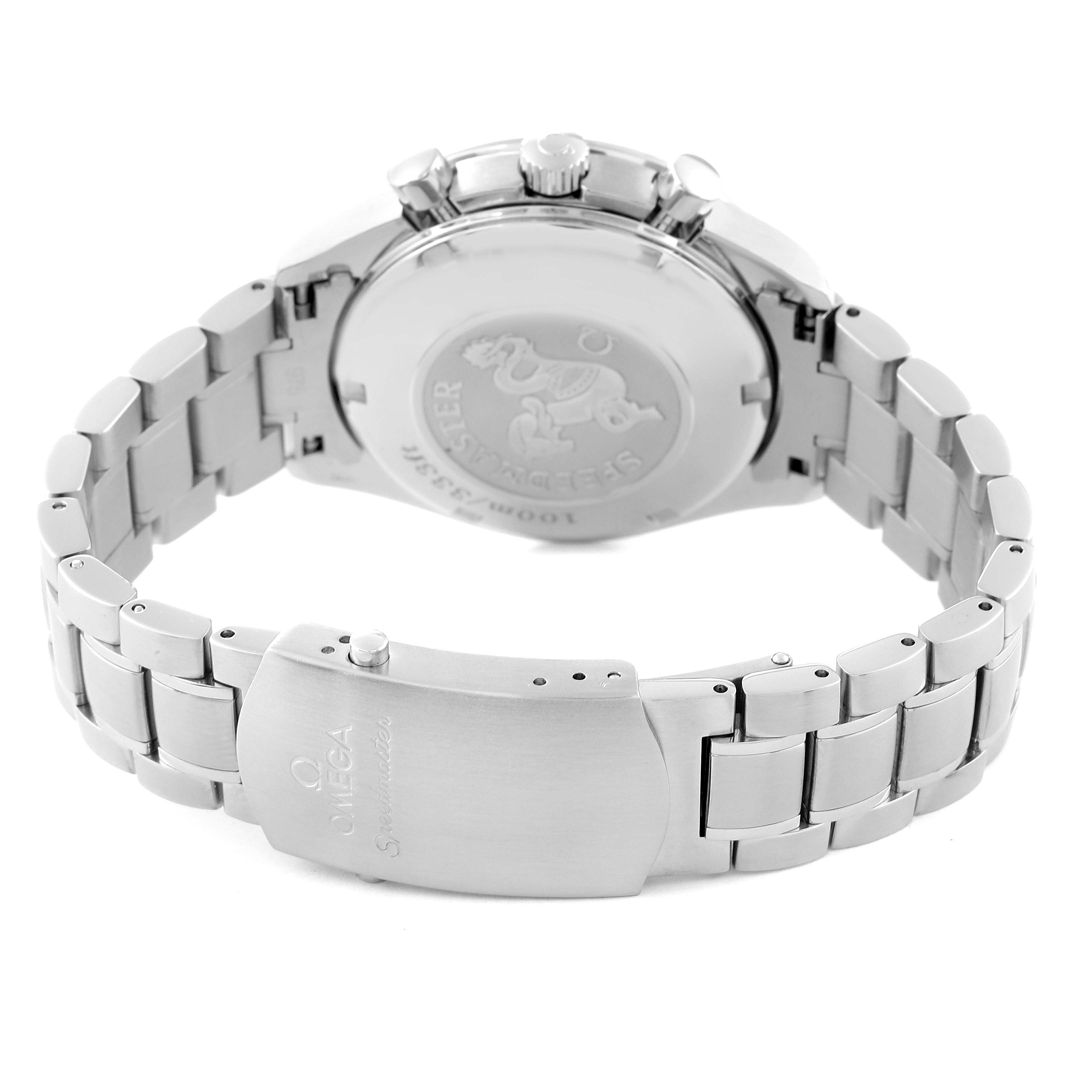 The image shows the back view of an Omega Speedmaster 3222.80.00 Men's Stainless Steel Blue Dial 3222.80.00 Men's Stainless Steel Blue Dial watch, highlighting its clasp and bracelet.