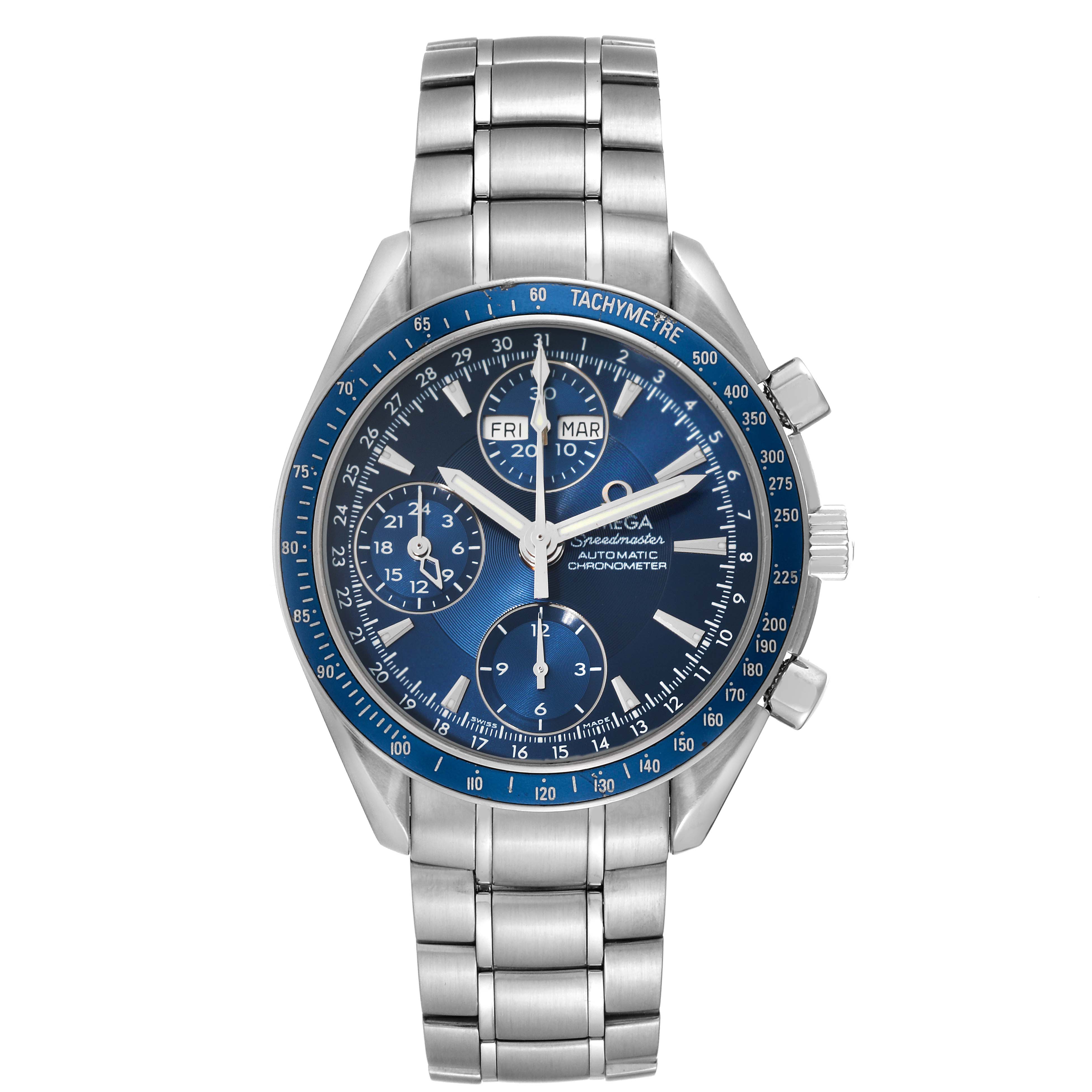 The image shows the front view of an Omega Speedmaster 3222.80.00 Men's Stainless Steel Blue Dial 3222.80.00 Men's Stainless Steel Blue Dial watch, highlighting the dial, subdials, and tachymeter bezel.