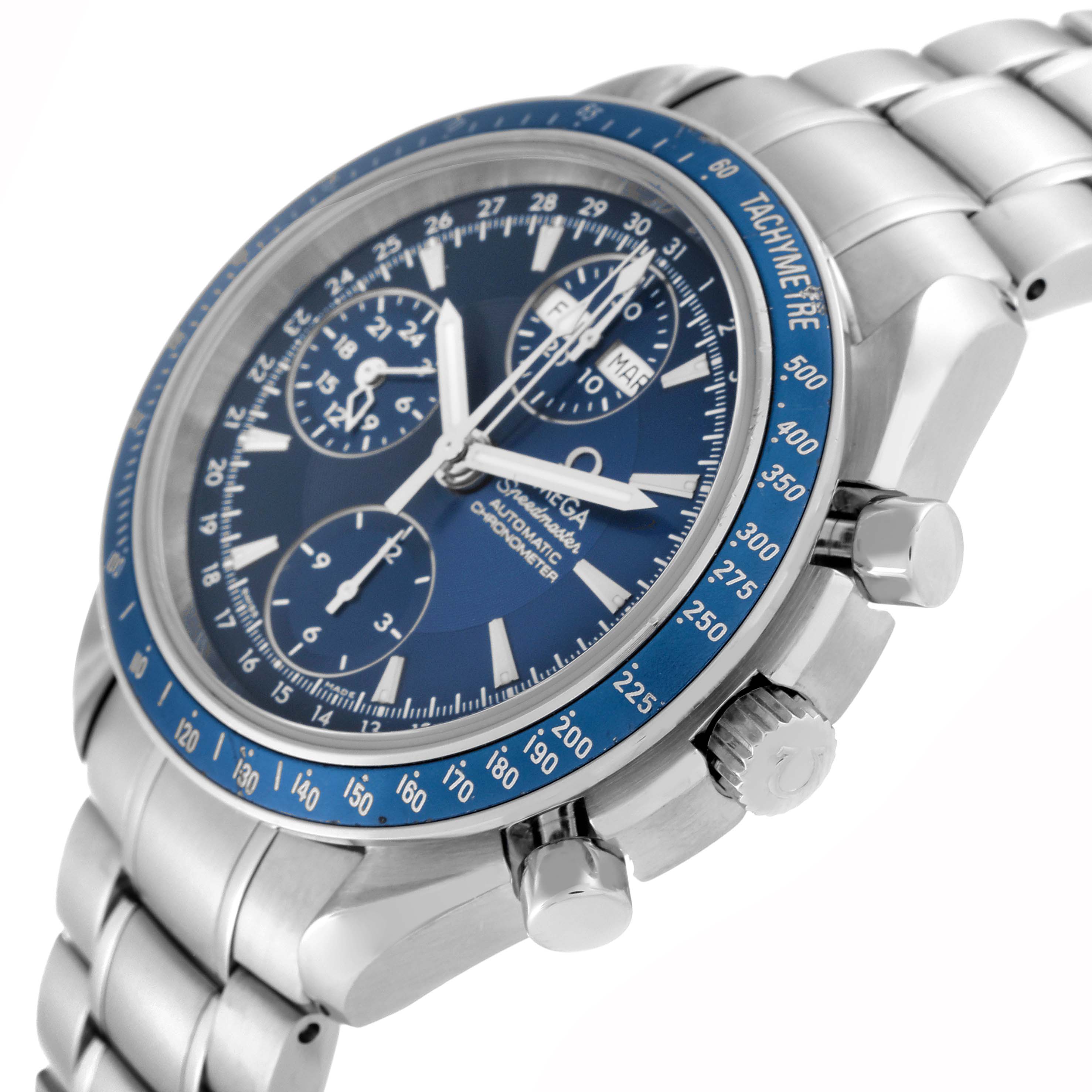 The image shows an Omega Speedmaster 3222.80.00 Men's Stainless Steel Blue Dial 3222.80.00 Men's Stainless Steel Blue Dial watch angled to display its face, bezel, and side buttons.