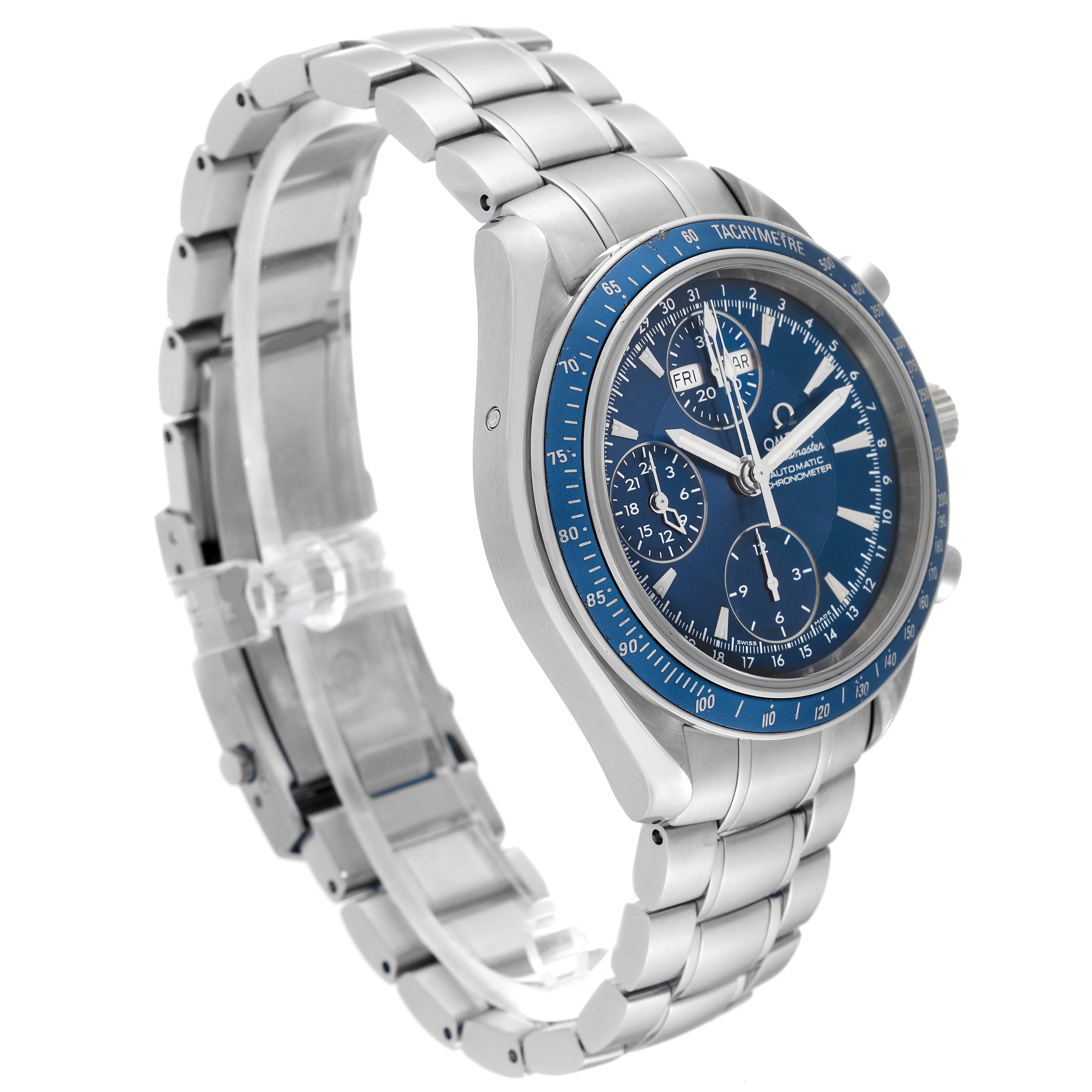 The image shows a side view of an Omega Speedmaster 3222.80.00 Men's Stainless Steel Blue Dial 3222.80.00 Men's Stainless Steel Blue Dial watch, highlighting its blue dial, tachymeter bezel, and metal bracelet.