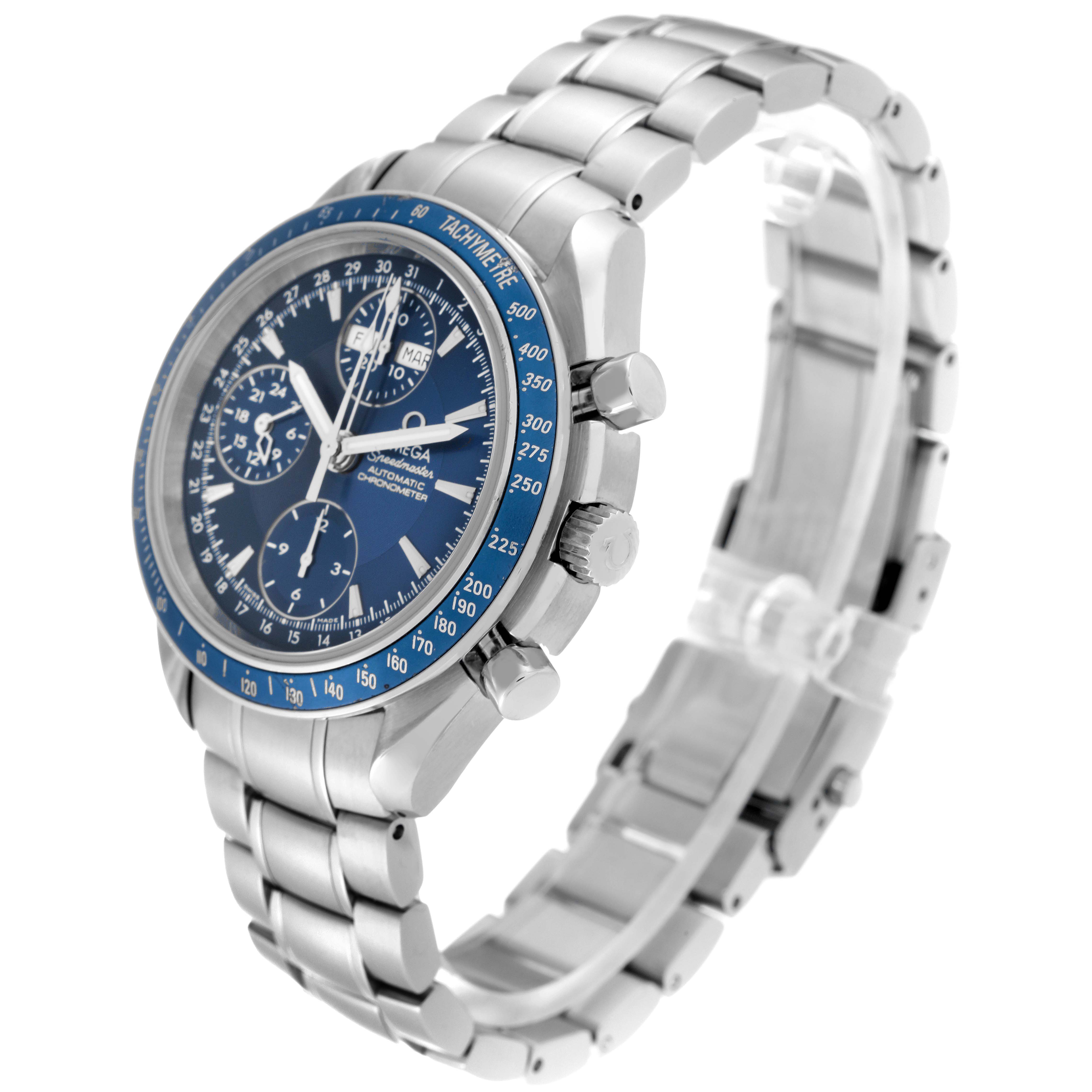 The Omega Speedmaster 3222.80.00 Men's Stainless Steel Blue Dial 3222.80.00 Men's Stainless Steel Blue Dial watch is shown at a slight angle, displaying the face, bezel, and metal bracelet with pushers and crown visible.