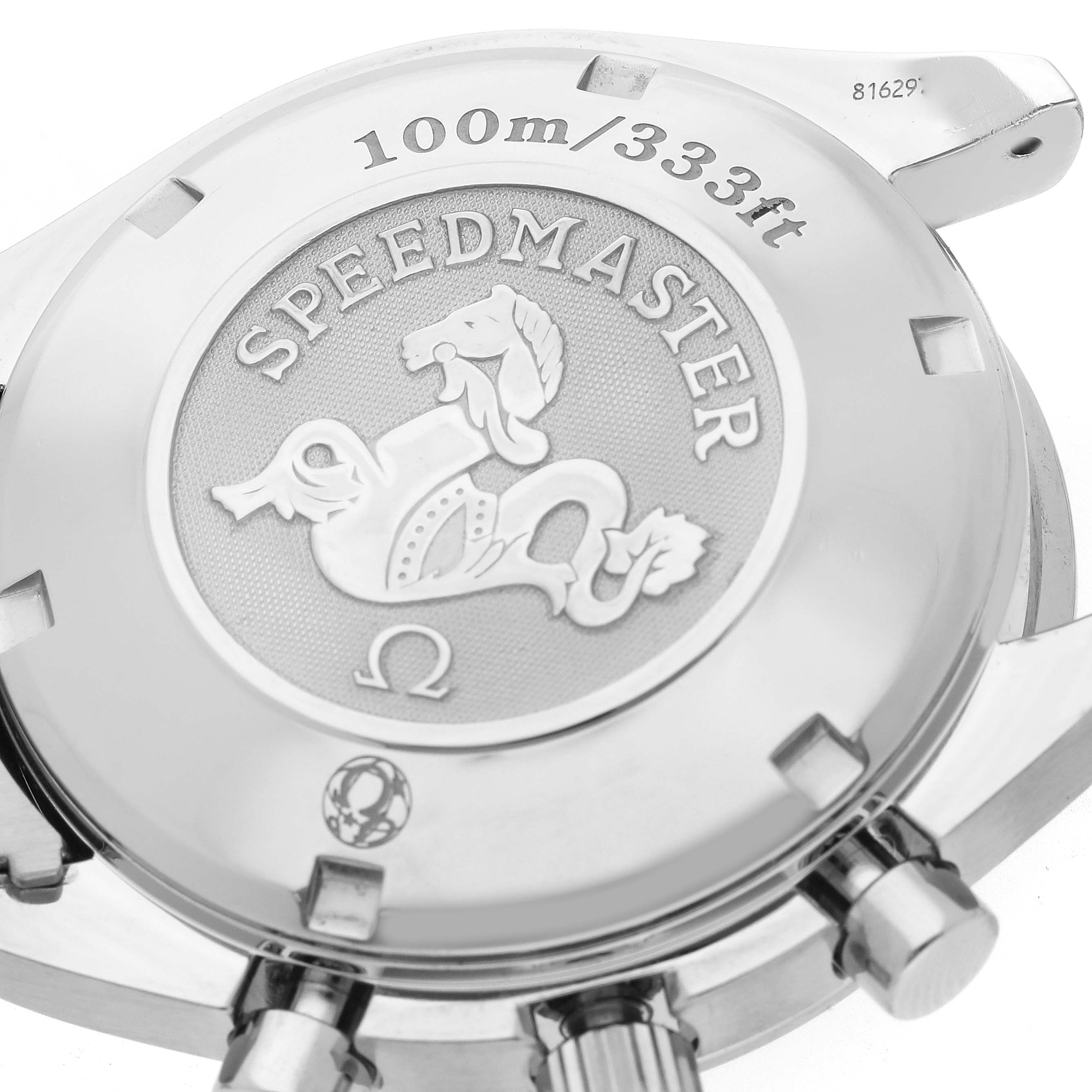 The image shows the back case of an Omega Speedmaster 3222.80.00 Men's Stainless Steel Blue Dial 3222.80.00 Men's Stainless Steel Blue Dial watch, highlighting the engraving and water resistance information.