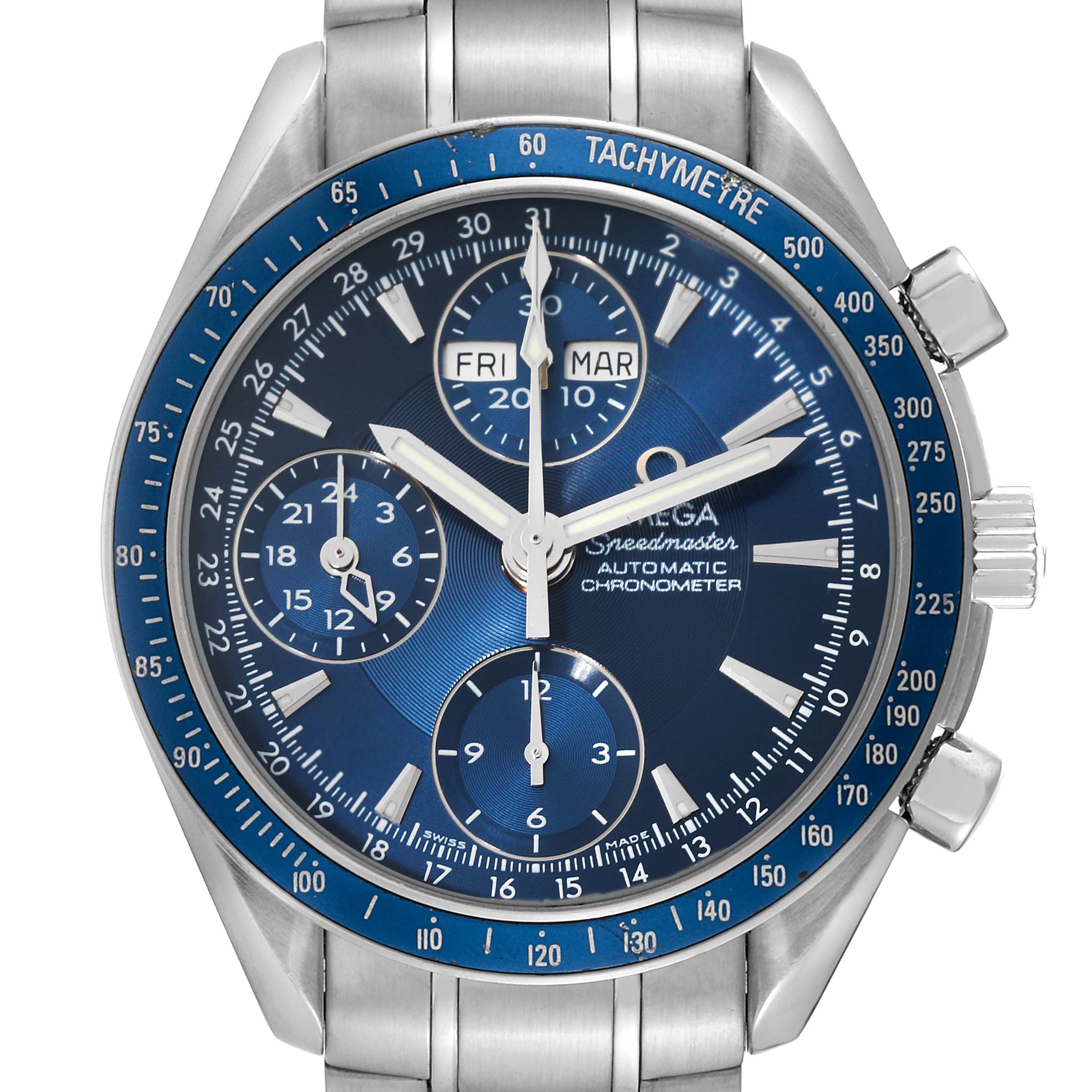 The image shows a frontal view of the Omega Speedmaster 3222.80.00 Men's Stainless Steel Blue Dial 3222.80.00 Men's Stainless Steel Blue Dial watch, highlighting its dial, subdials, and tachymeter bezel.