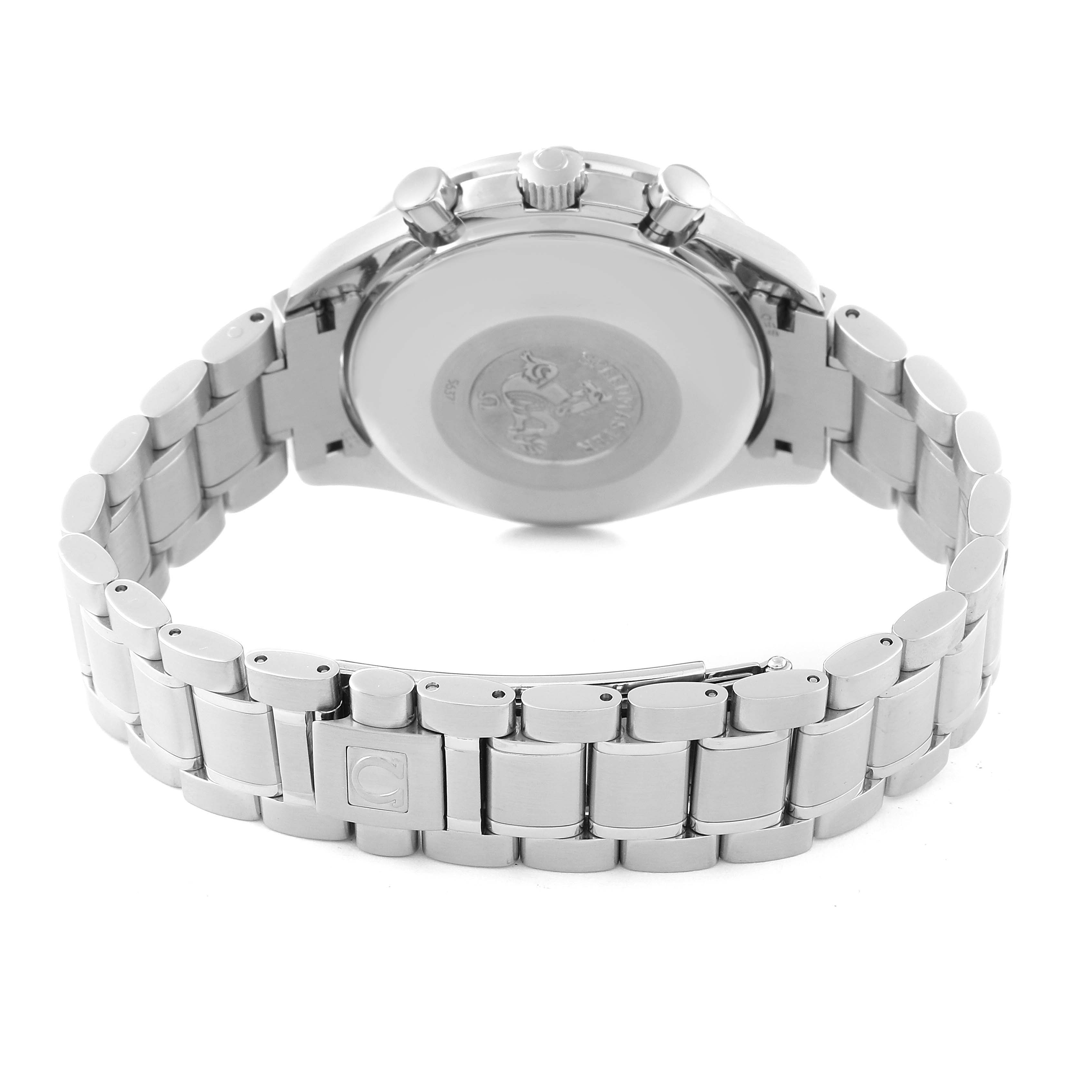 The image shows the back and bracelet of the Omega Speedmaster 3520.53.00 Men
s Stainless Steel Grey Dial 3520.53.00 Men
s Stainless Steel Grey Dial watch, highlighting the clasp and case back.