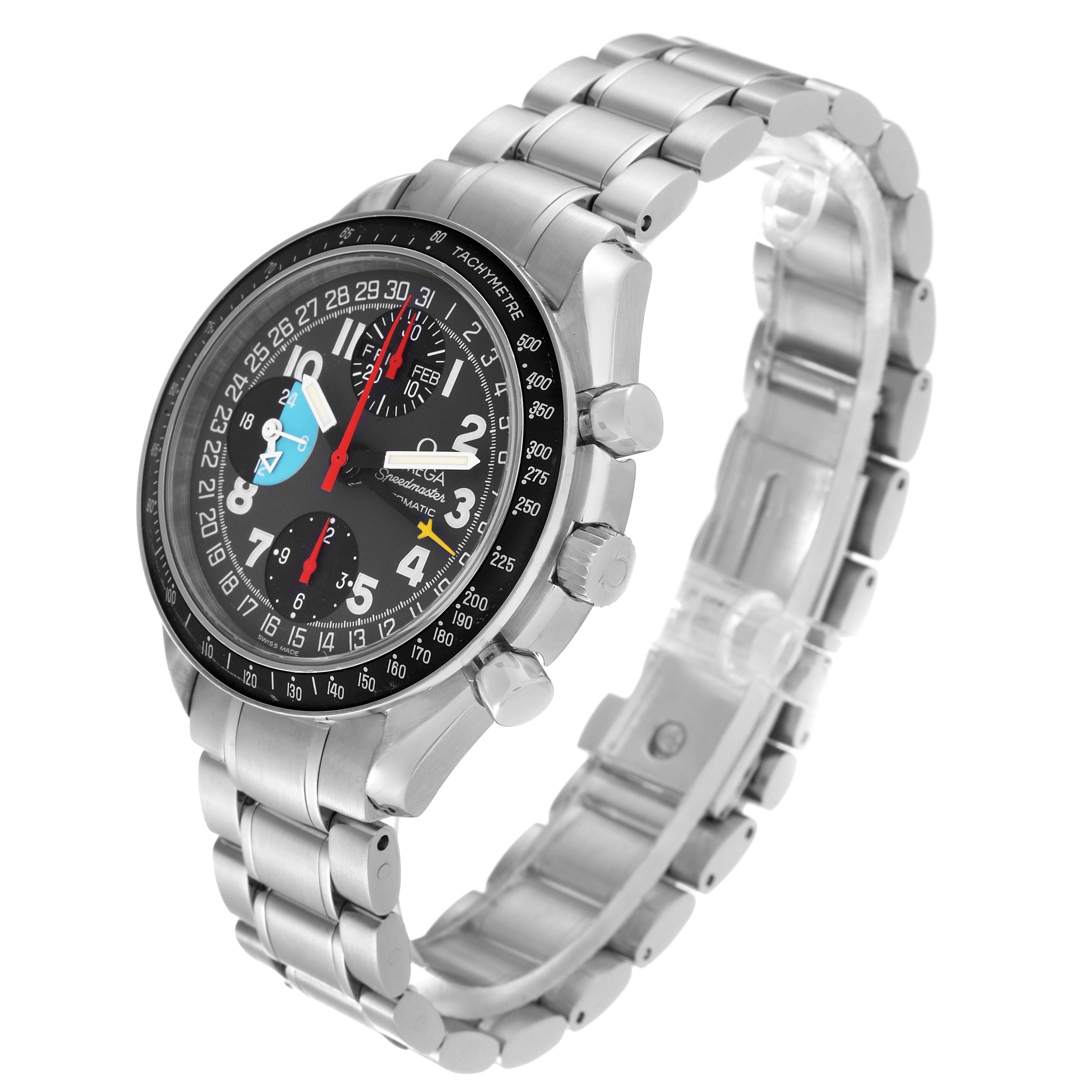 The Omega Speedmaster 3520.53.00 Men
s Stainless Steel Grey Dial 3520.53.00 Men
s Stainless Steel Grey Dial watch is shown at an angled side view, highlighting its dial, tachymeter bezel, and stainless steel bracelet.