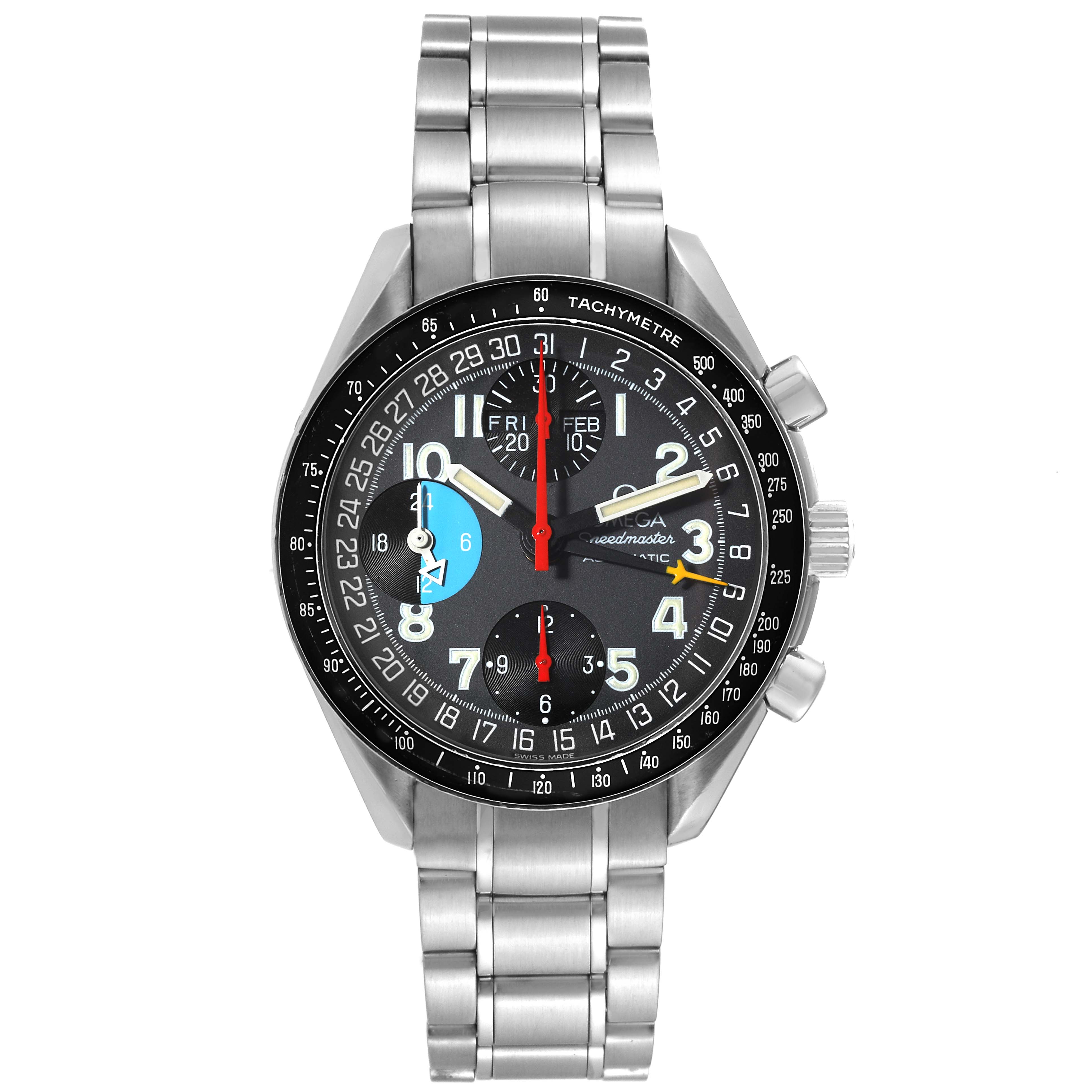 This image shows a front view of the Omega Speedmaster 3520.53.00 Men
s Stainless Steel Grey Dial 3520.53.00 Men
s Stainless Steel Grey Dial watch, displaying its dial, bezel, and stainless steel bracelet.