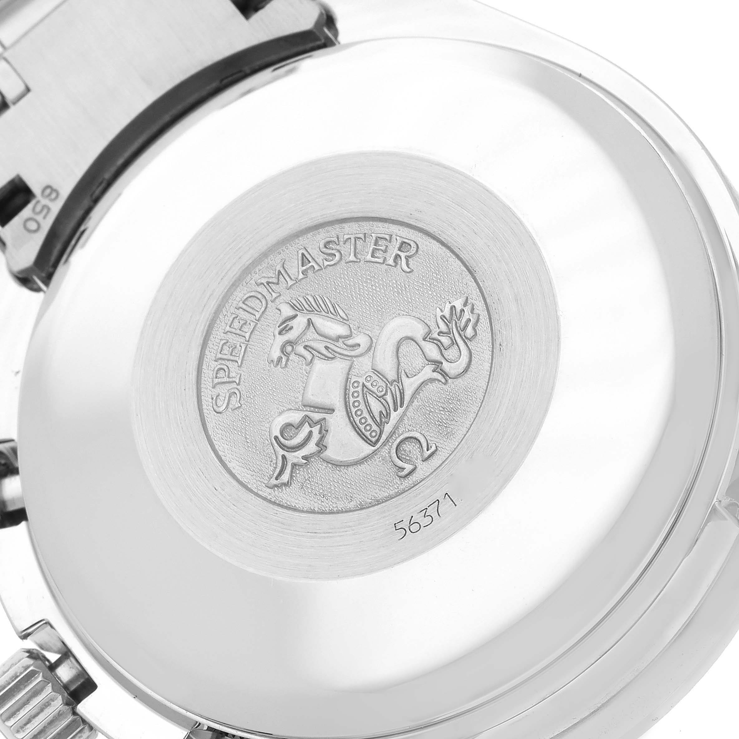 The image shows the back case of an Omega Speedmaster 3520.53.00 Men
s Stainless Steel Grey Dial 3520.53.00 Men
s Stainless Steel Grey Dial watch, displaying the engraved Speedmaster logo.