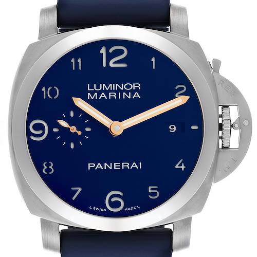The Panerai Luminor watch is shown from a front angle, displaying its blue dial, numerals, and signature crown guard.
