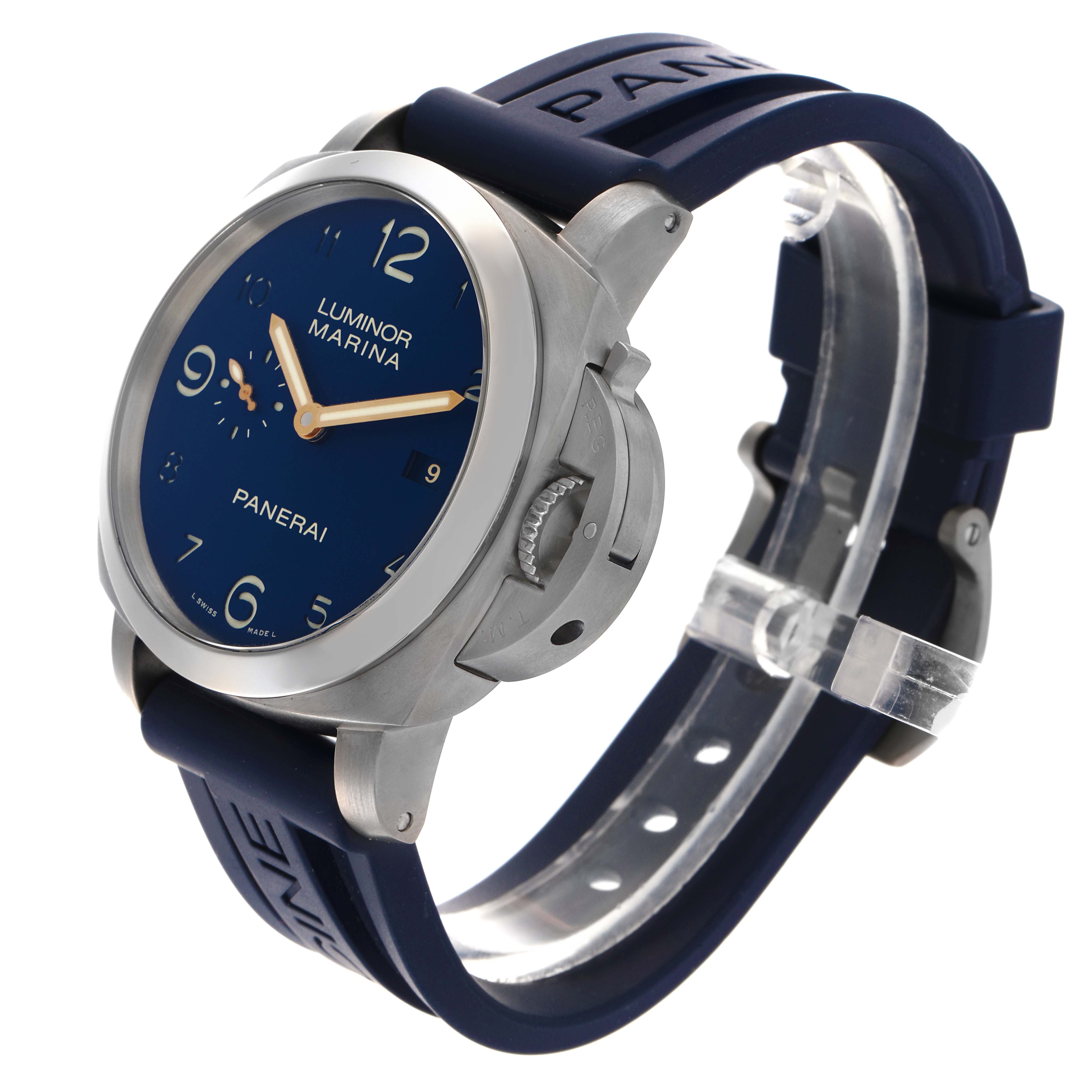The Panerai Luminor PAM00745 Men's Titanium Blue Dial PAM00745 Men's Titanium Blue Dial watch is shown at a three-quarter angle, highlighting the case, dial, crown guard, and blue strap.
