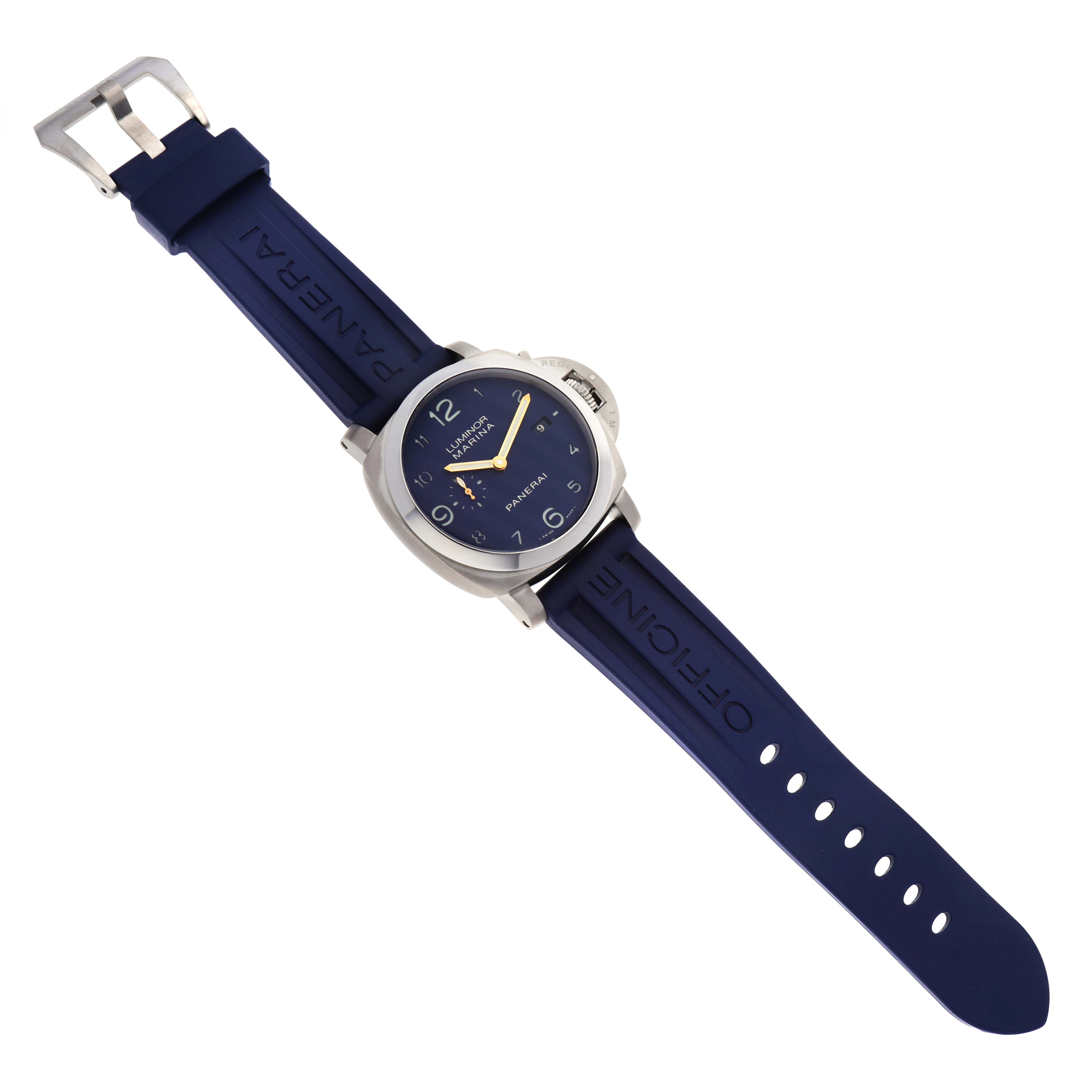 The Panerai Luminor PAM00745 Men's Titanium Blue Dial PAM00745 Men's Titanium Blue Dial watch is shown from a top-down angle, displaying its face, blue strap, and buckle.