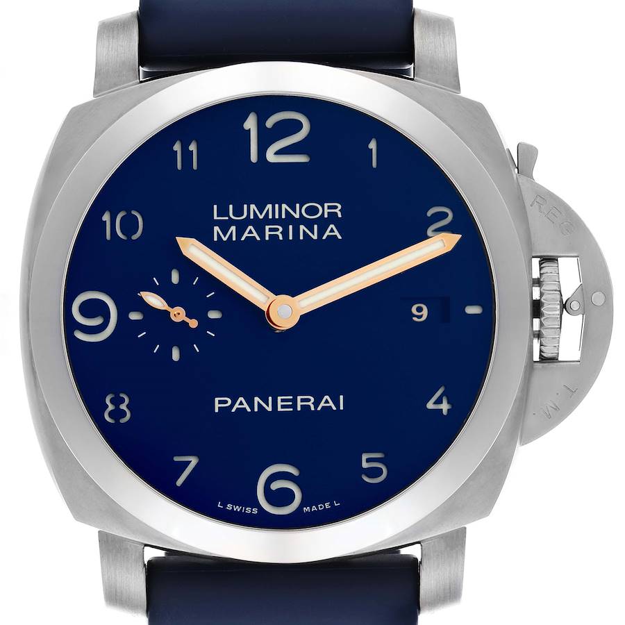 The Panerai Luminor model watch is shown from the front, highlighting its blue dial, hour markers, and distinctive crown guard.