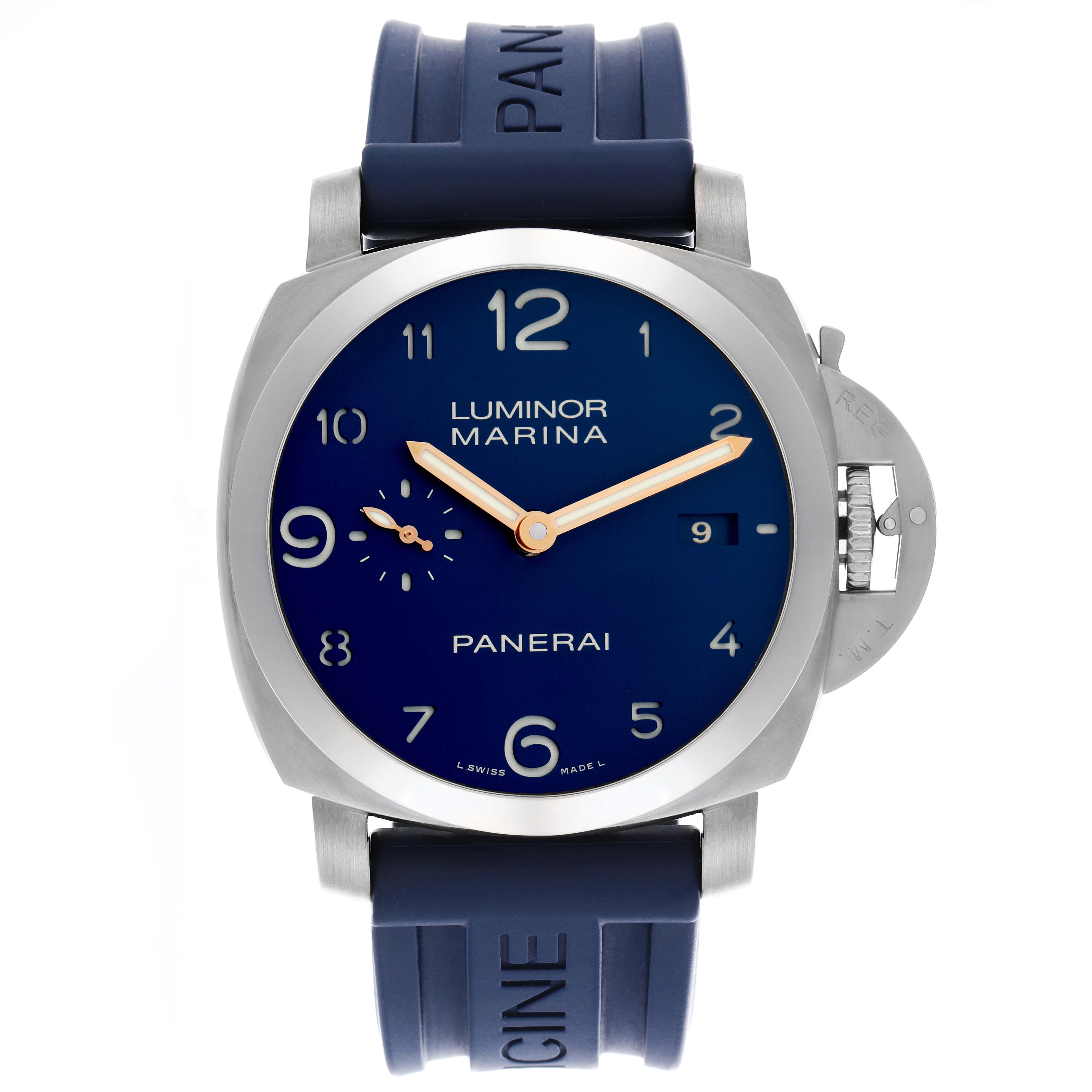 The Panerai Luminor PAM00745 Men's Titanium Blue Dial PAM00745 Men's Titanium Blue Dial watch is shown from the front, featuring its blue dial, numerals, hands, crown guard, and strap.