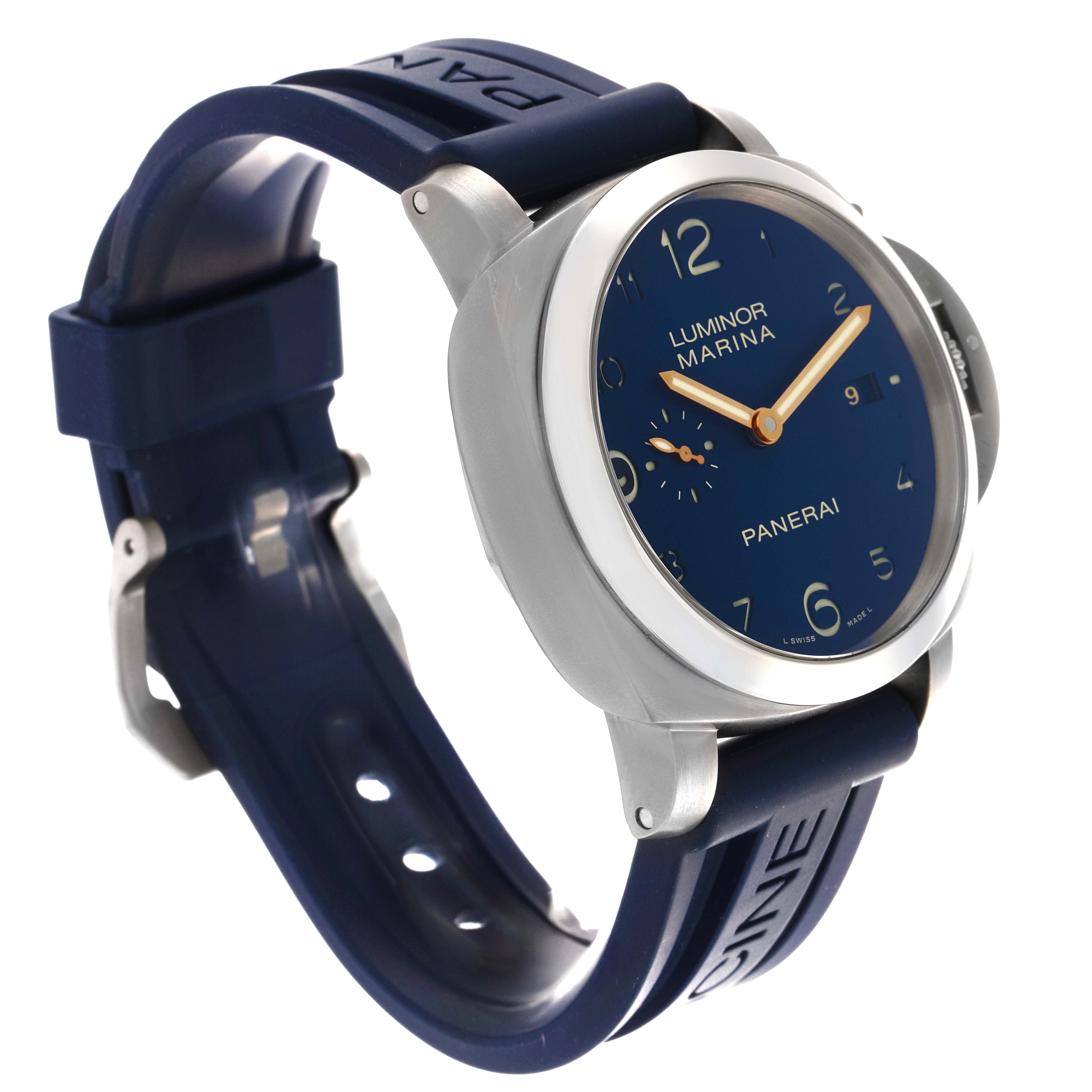 The watch is a Panerai Luminor PAM00745 Men's Titanium Blue Dial PAM00745 Men's Titanium Blue Dial model shown from a three-quarter angle, highlighting the face, bezel, and blue strap.