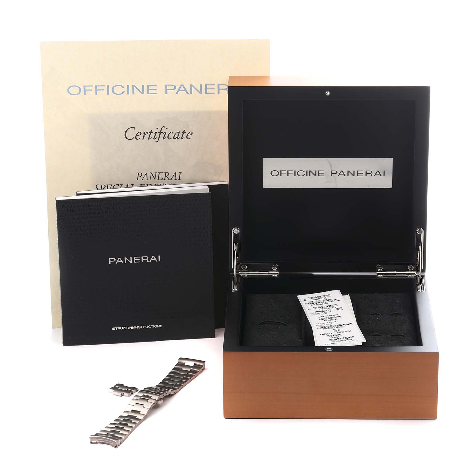 The image shows a Panerai Luminor PAM00745 Men's Titanium Blue Dial PAM00745 Men's Titanium Blue Dial box set, with a certificate, instruction booklet, and an extra metal bracelet.