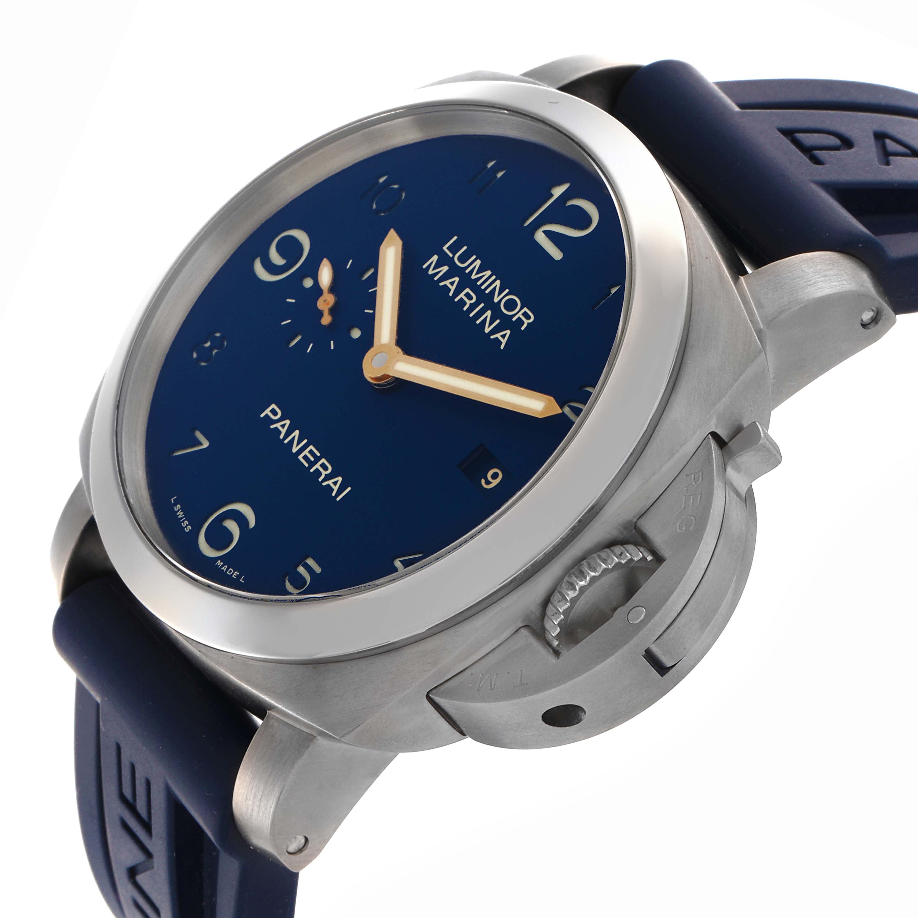 The Panerai Luminor PAM00745 Men's Titanium Blue Dial PAM00745 Men's Titanium Blue Dial watch is shown at a slight angle, displaying the face, crown guard, and blue strap.