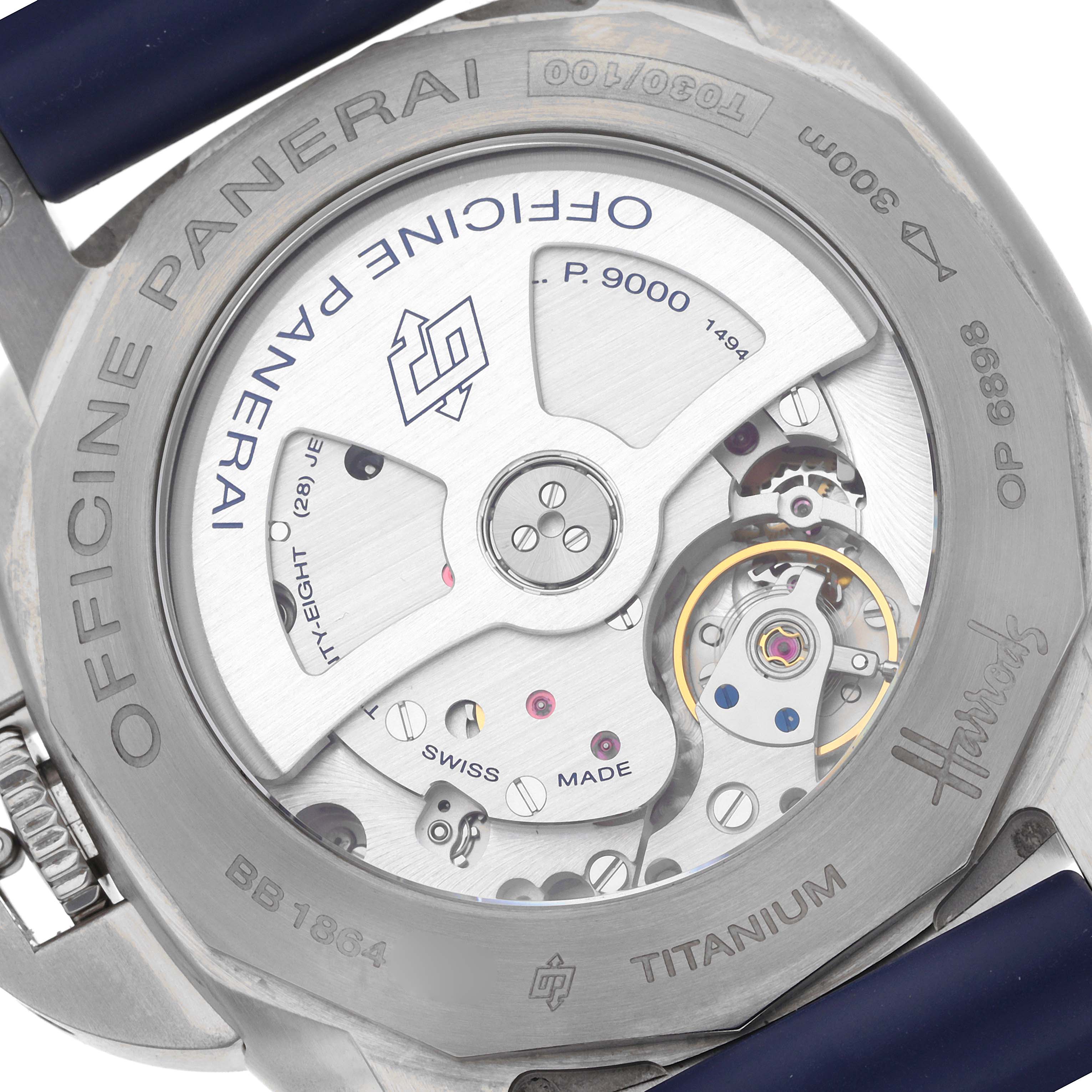 The image shows the back of a Panerai Luminor PAM00745 Men's Titanium Blue Dial PAM00745 Men's Titanium Blue Dial watch, highlighting the movement details and engravings.