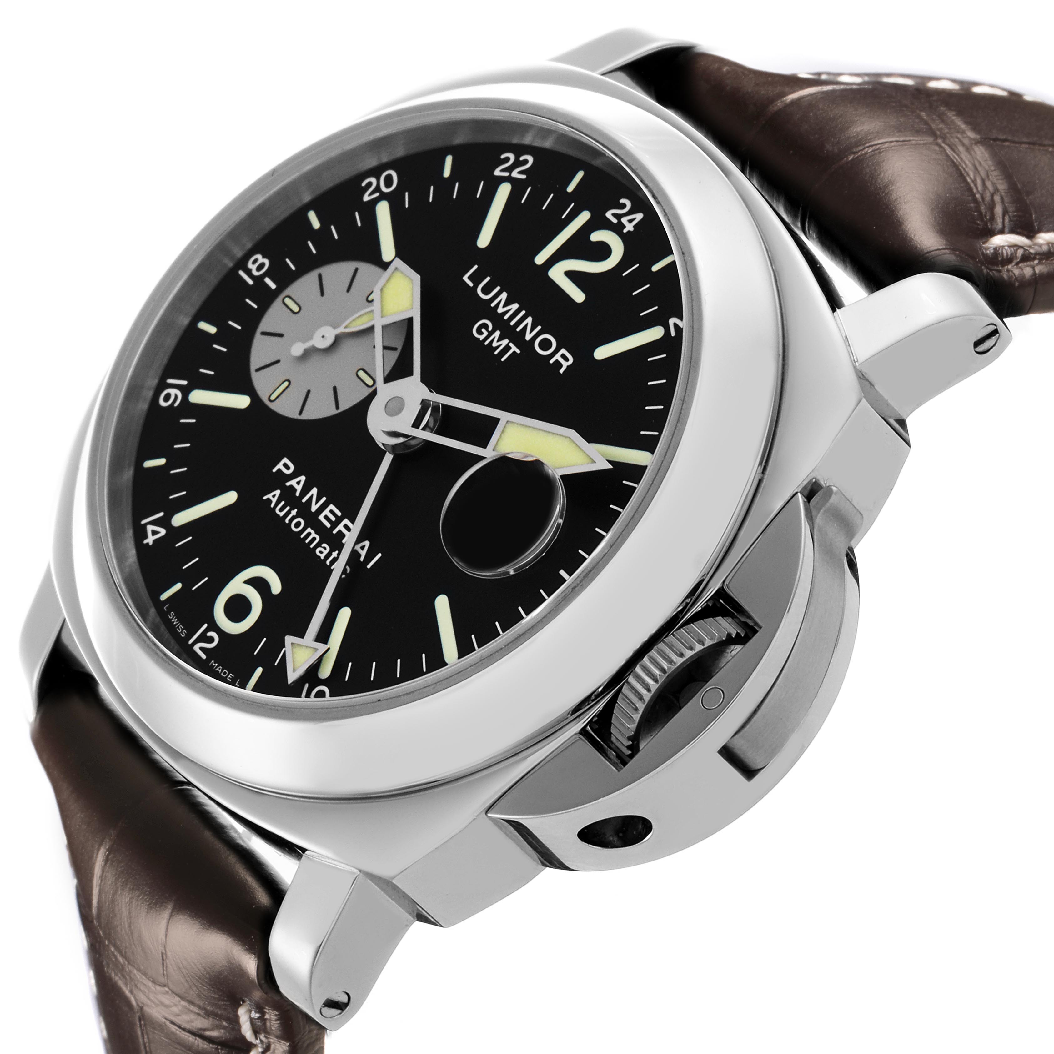 The Panerai Luminor PAM00088 Men's Stainless Steel Black Dial PAM00088 Men's Stainless Steel Black Dial watch is shown at an angle highlighting the dial, case, crown guard, and leather strap.
