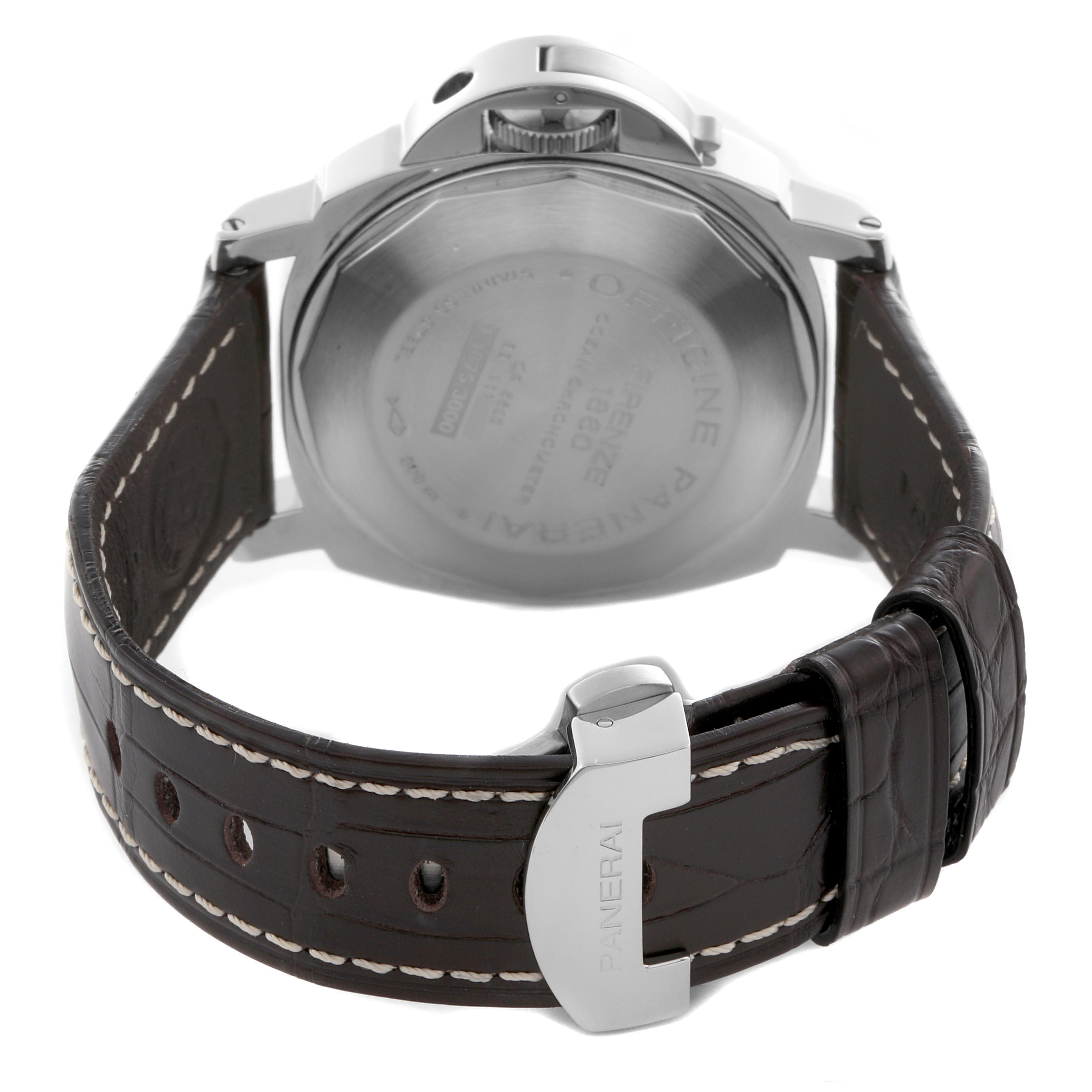 The image shows the back of a Panerai Luminor PAM00088 Men's Stainless Steel Black Dial PAM00088 Men's Stainless Steel Black Dial watch, highlighting the engraved case back and leather strap with a clasp.