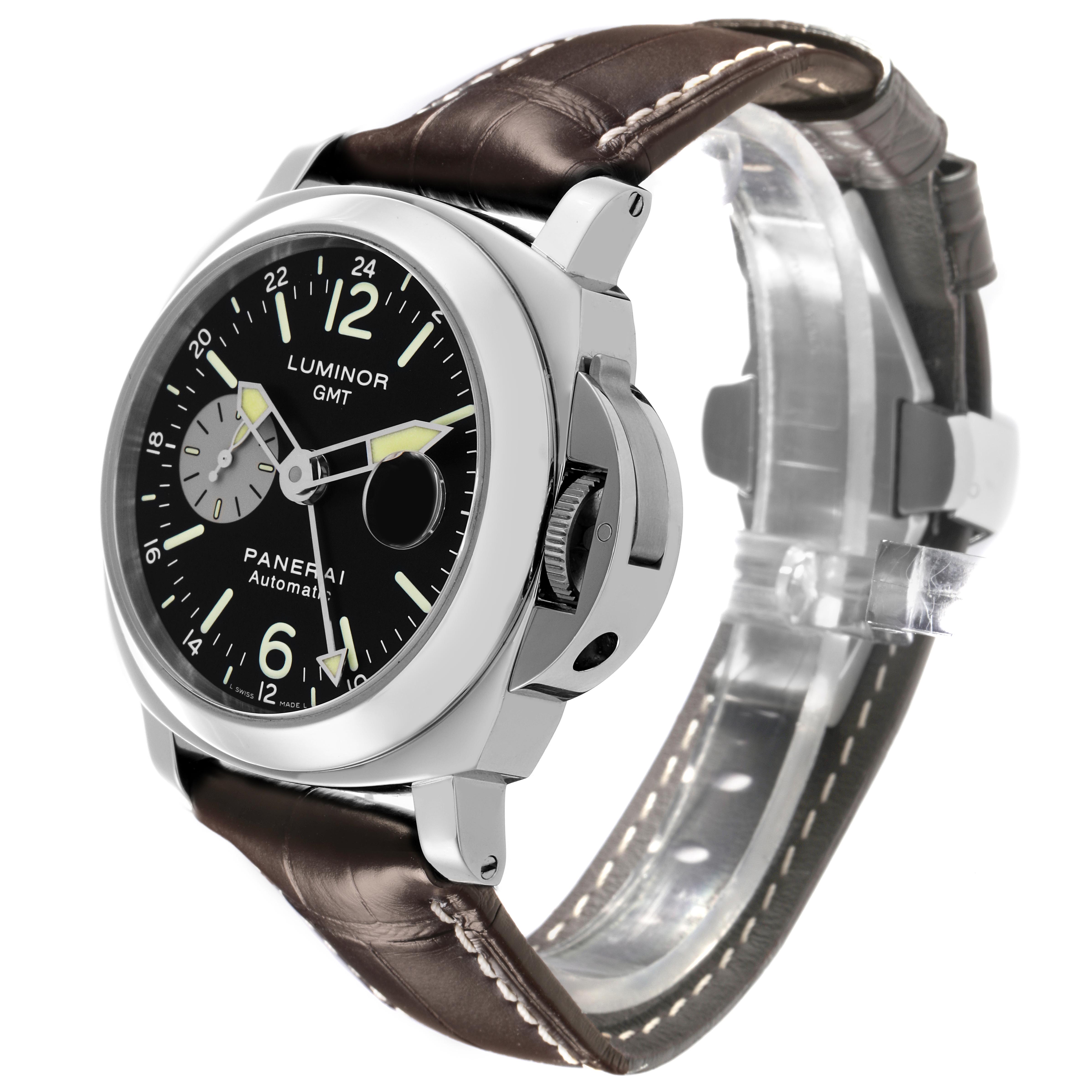 The Panerai Luminor PAM00088 Men's Stainless Steel Black Dial PAM00088 Men's Stainless Steel Black Dial watch is shown at a three-quarter angle, highlighting the dial, crown guard, and leather strap.