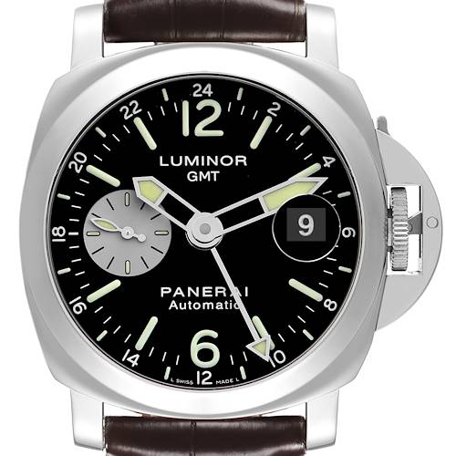 The Panerai Luminor watch is shown from the front, displaying its dial, hands, date window, and crown guard.