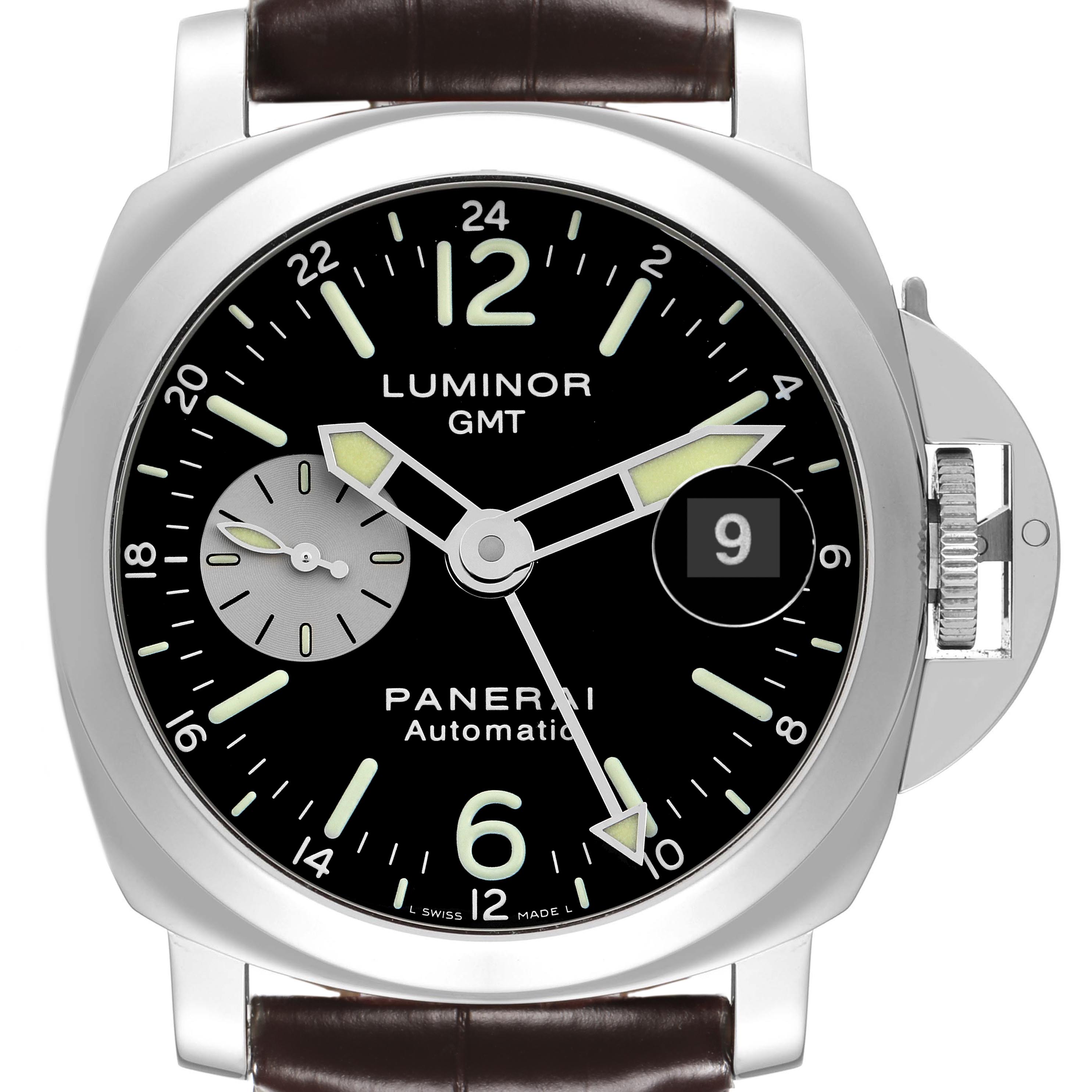 The Panerai Luminor PAM00088 Men's Stainless Steel Black Dial PAM00088 Men's Stainless Steel Black Dial watch is shown from the front, displaying the dial, hands, date window, and crown guard.
