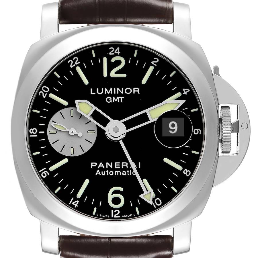 The Panerai Luminor watch is shown from the front, displaying the dial, hands, date window, and crown guard.