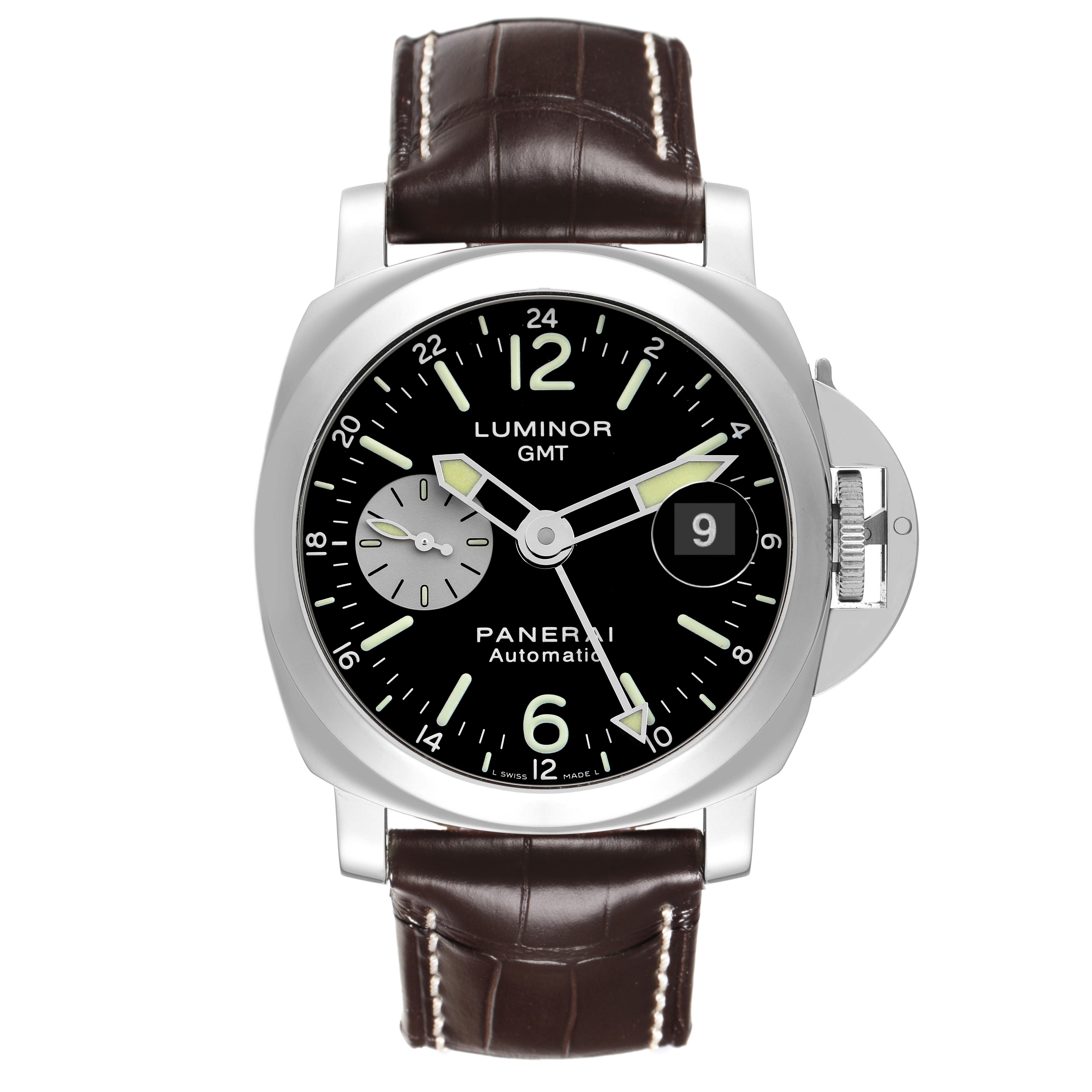 The image shows a front view of a Panerai Luminor PAM00088 Men's Stainless Steel Black Dial PAM00088 Men's Stainless Steel Black Dial watch with brown leather strap, displaying the dial and crown guard.
