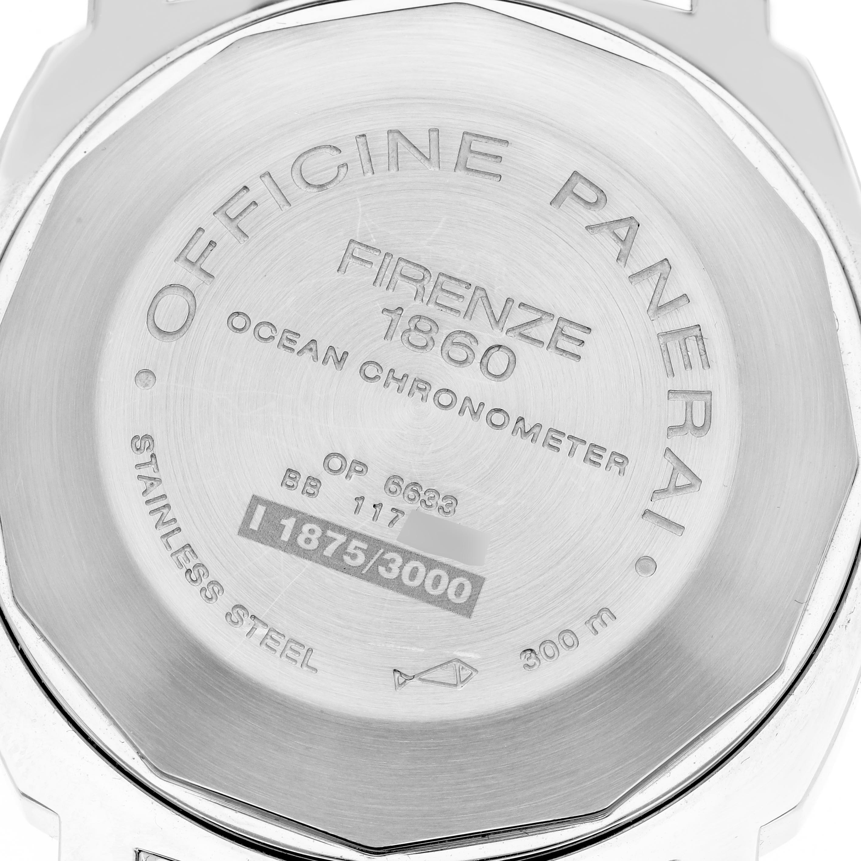 The image shows the back of a Panerai Luminor PAM00088 Men's Stainless Steel Black Dial PAM00088 Men's Stainless Steel Black Dial watch, displaying engravings and model details.