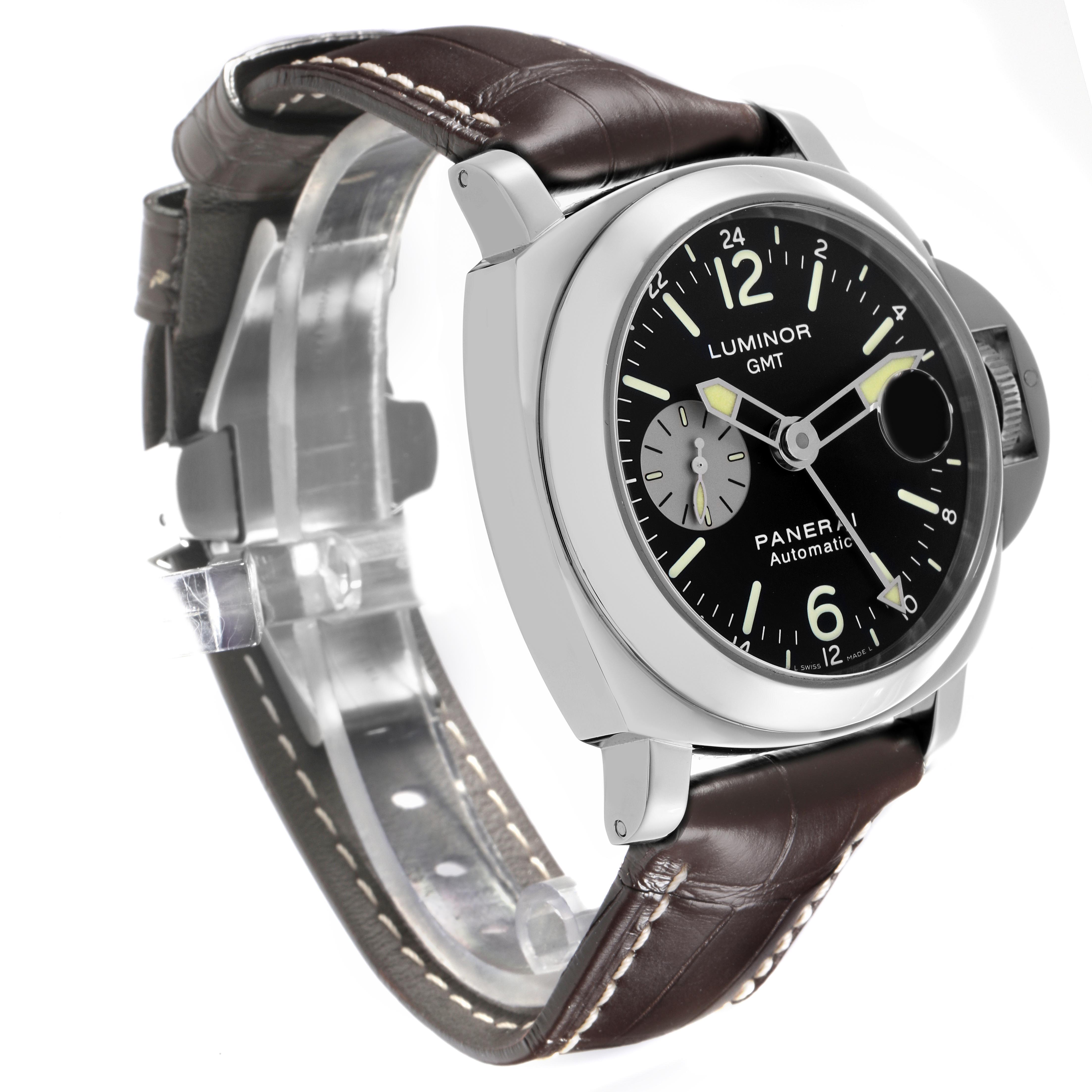 The image shows a Panerai Luminor PAM00088 Men's Stainless Steel Black Dial PAM00088 Men's Stainless Steel Black Dial watch at a three-quarter angle, highlighting the dial, bezel, and leather strap.