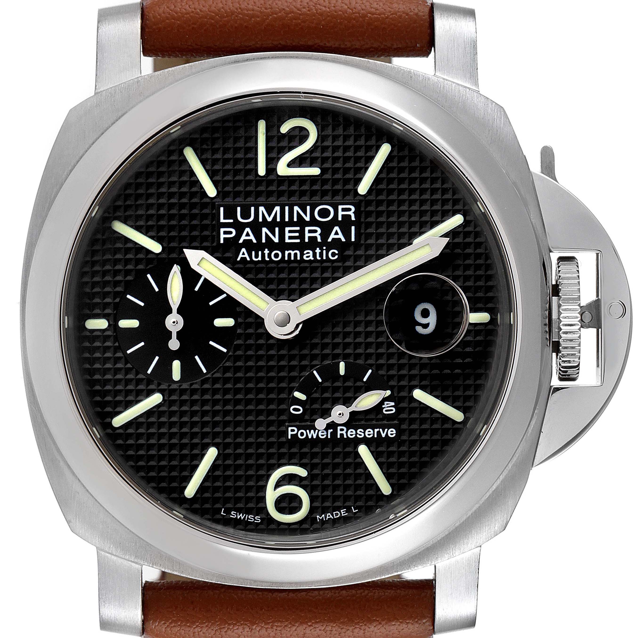The image shows a front view of a Panerai Luminor PAM00241 Men's Stainless Steel Black Dial PAM00241 Men's Stainless Steel Black Dial model watch, highlighting the face, hands, subdials, and bezel.