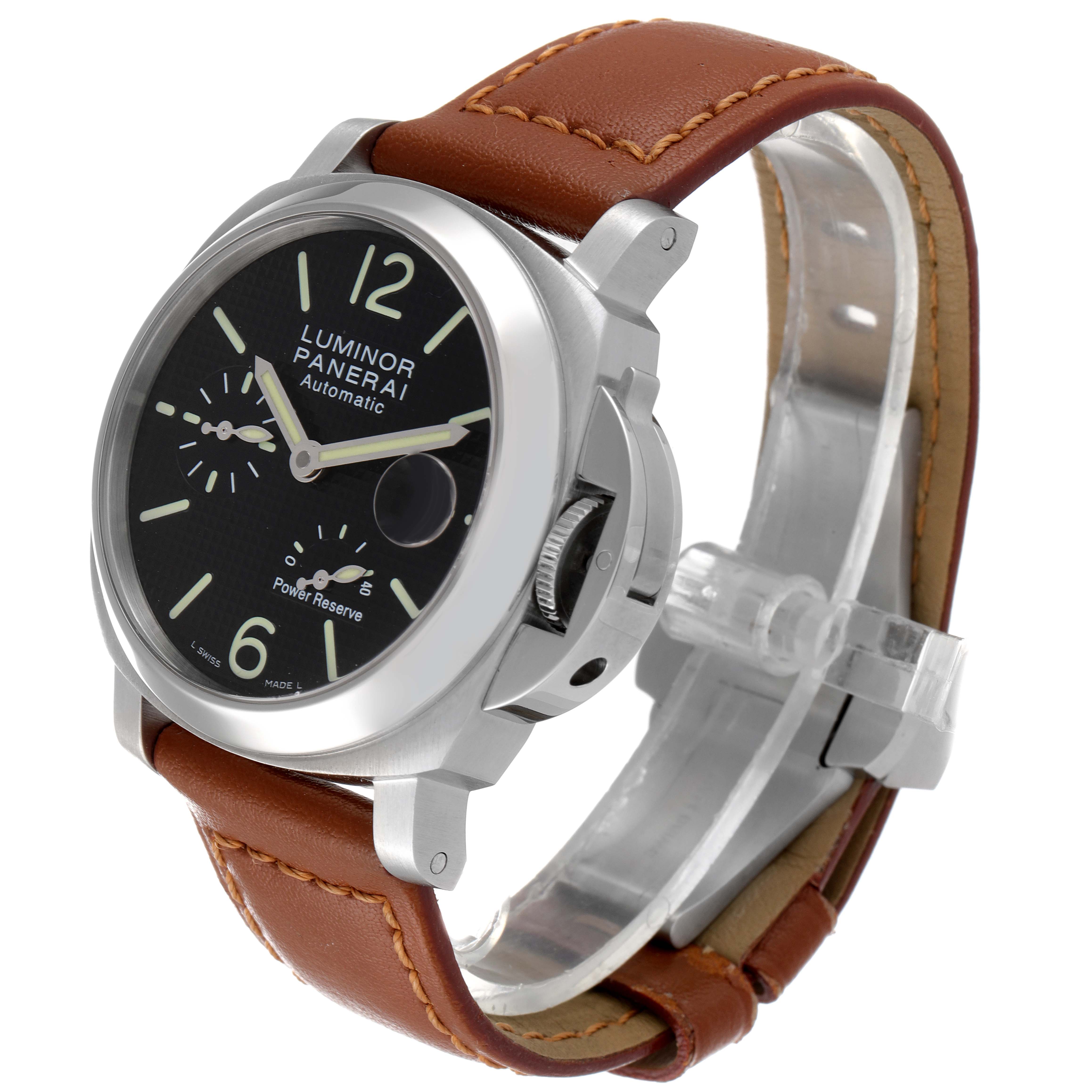 The image shows a Panerai Luminor PAM00241 Men's Stainless Steel Black Dial PAM00241 Men's Stainless Steel Black Dial watch at a three-quarter angle, highlighting the dial, case, crown guard, and leather strap.