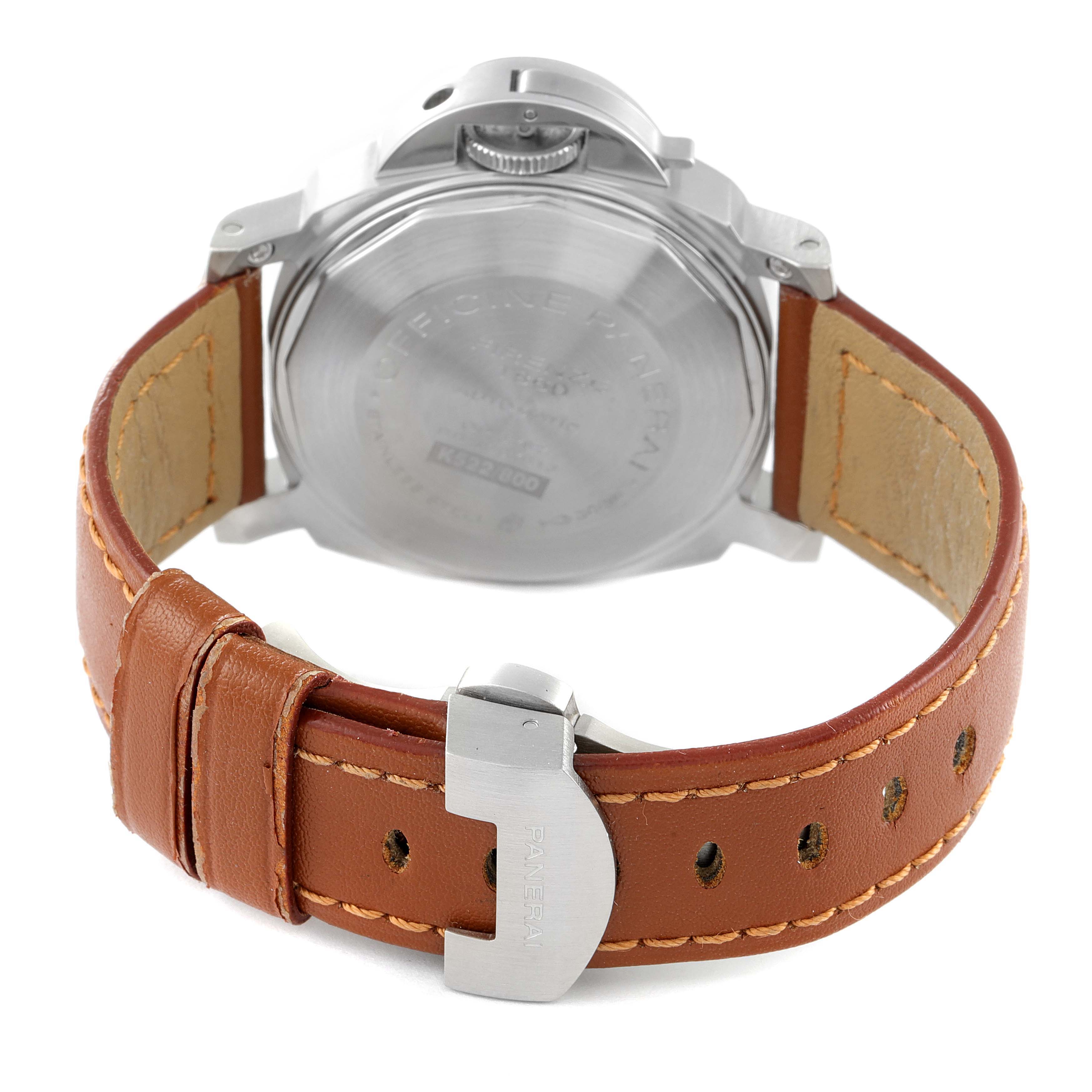 The image shows the back case and leather strap of the Panerai Luminor PAM00241 Men's Stainless Steel Black Dial PAM00241 Men's Stainless Steel Black Dial watch from a rear angle.