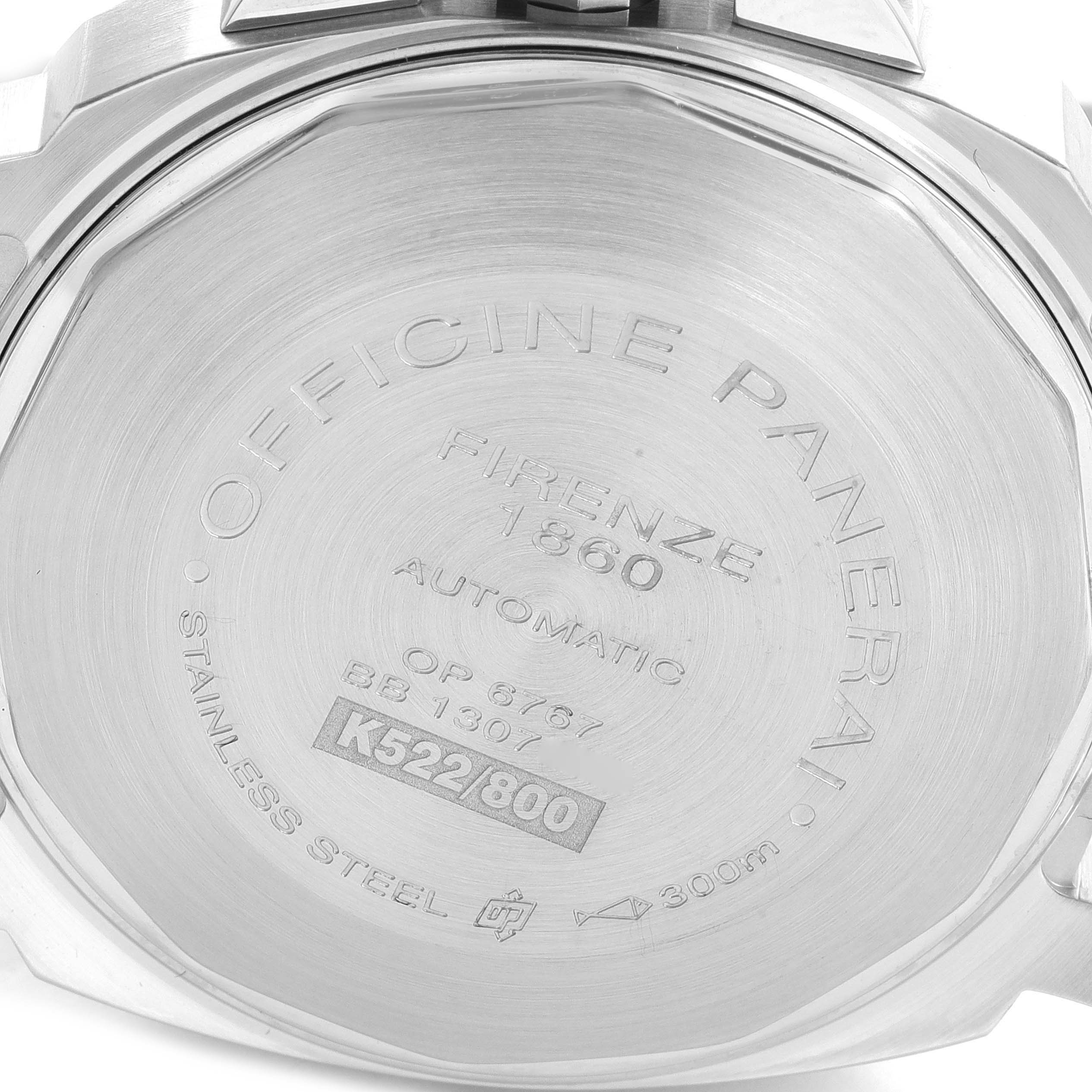 This image shows the case back of a Panerai Luminor PAM00241 Men's Stainless Steel Black Dial PAM00241 Men's Stainless Steel Black Dial watch, highlighting the engraved details.