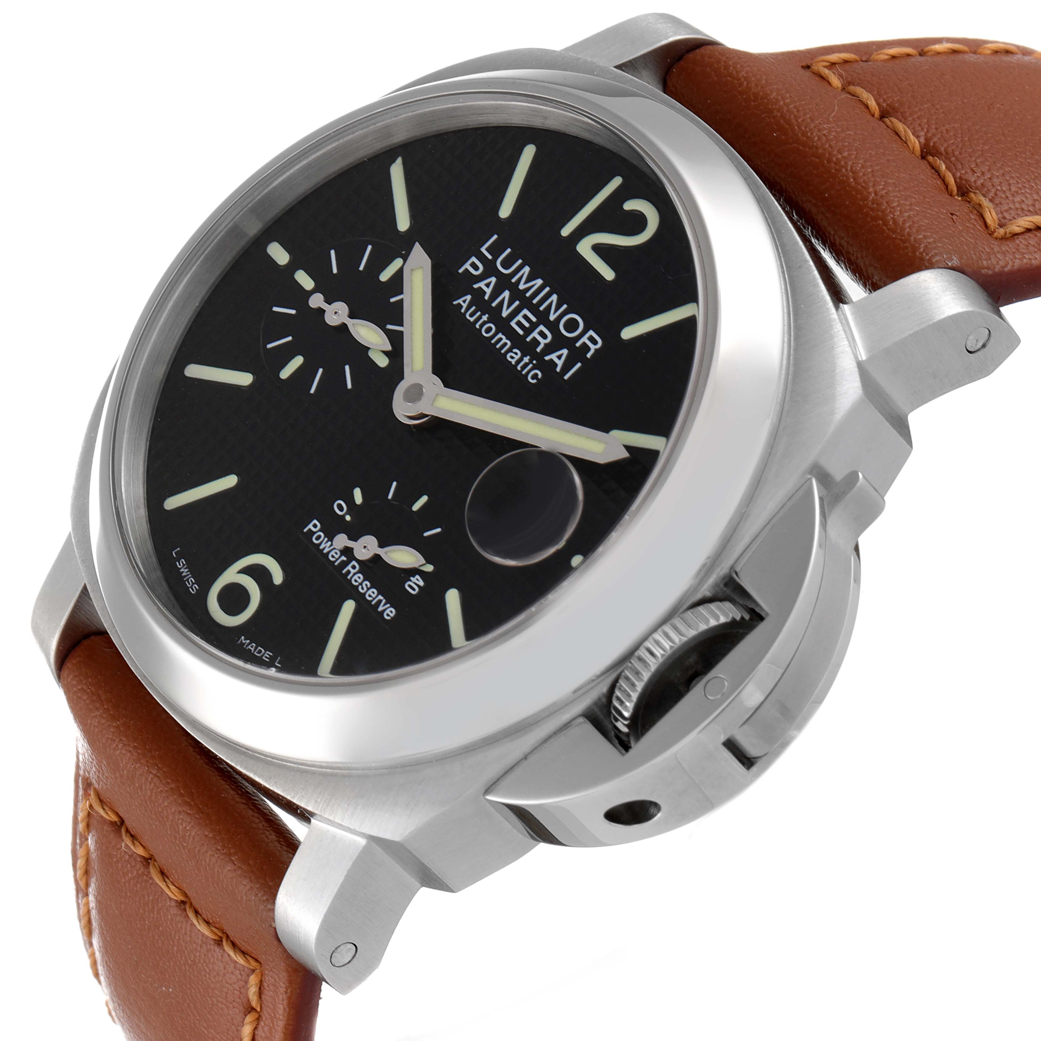 This Panerai Luminor PAM00241 Men's Stainless Steel Black Dial PAM00241 Men's Stainless Steel Black Dial watch is shown from an angled side perspective, displaying the case, crown guard, dial, and leather strap.