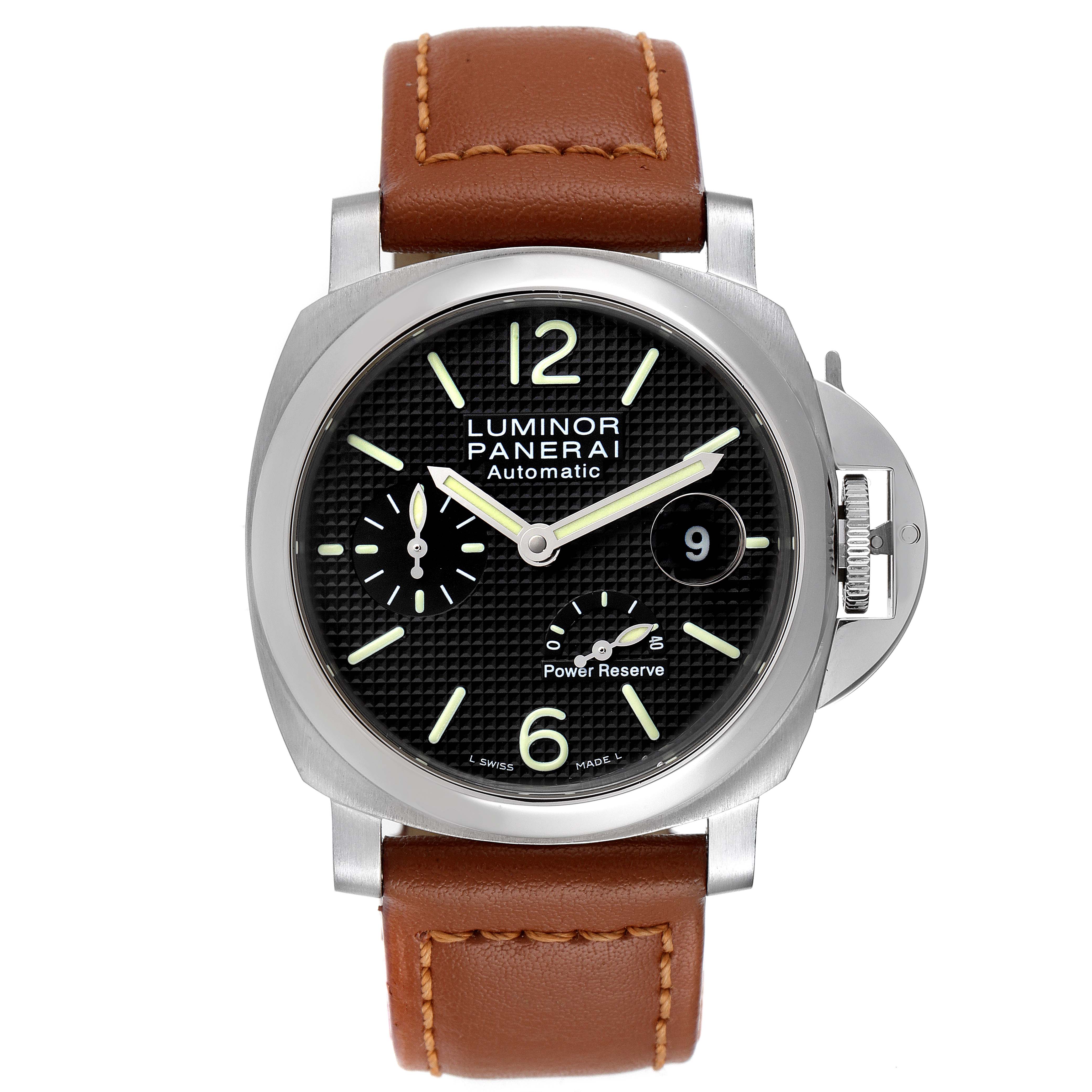 The Panerai Luminor PAM00241 Men's Stainless Steel Black Dial PAM00241 Men's Stainless Steel Black Dial watch is shown from the front, featuring a brown leather strap and a black dial with multiple subdials.