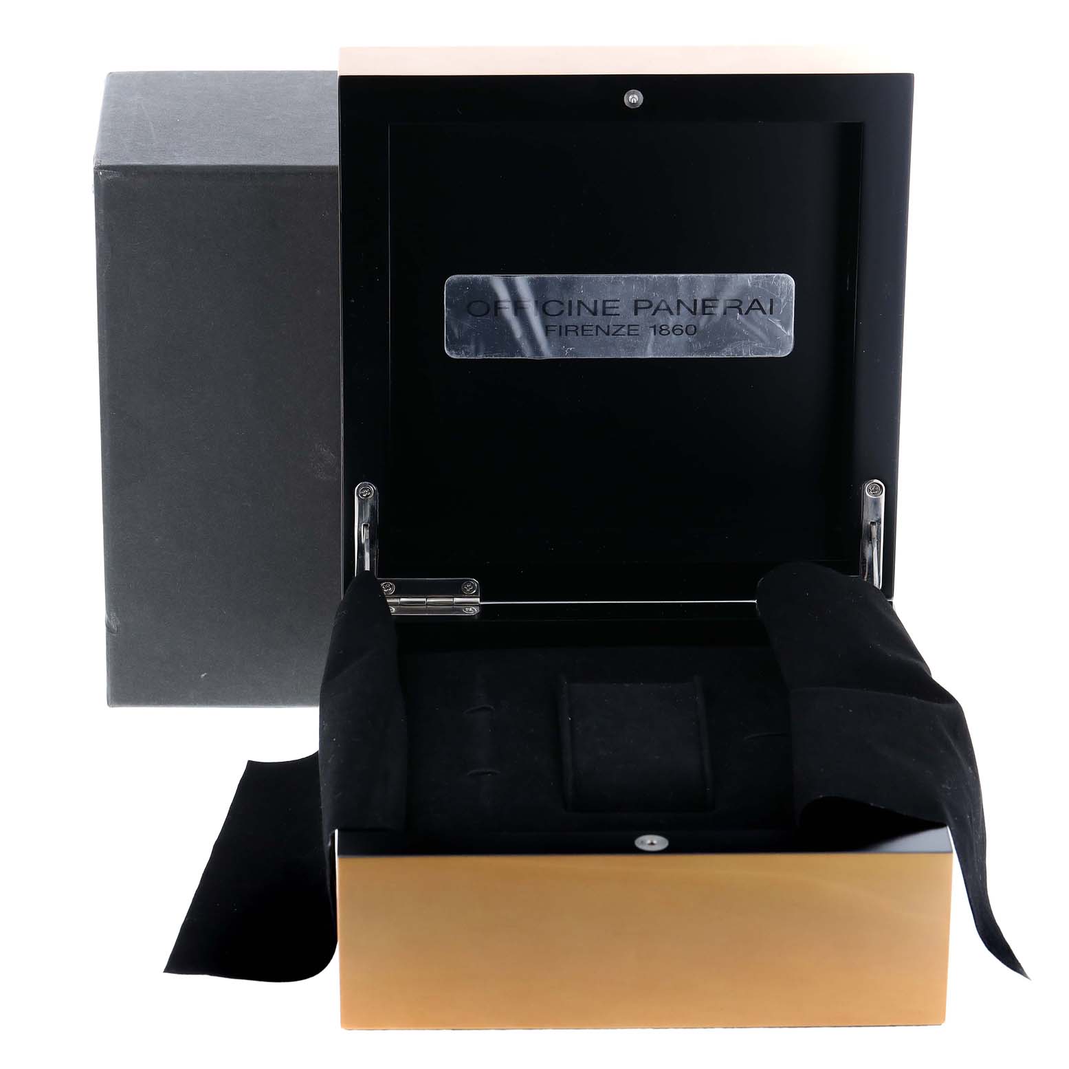 This image shows an open watch box for the Panerai Luminor PAM00241 Men's Stainless Steel Black Dial PAM00241 Men's Stainless Steel Black Dial model, featuring a label inside the lid and a padded interior for securing the watch.