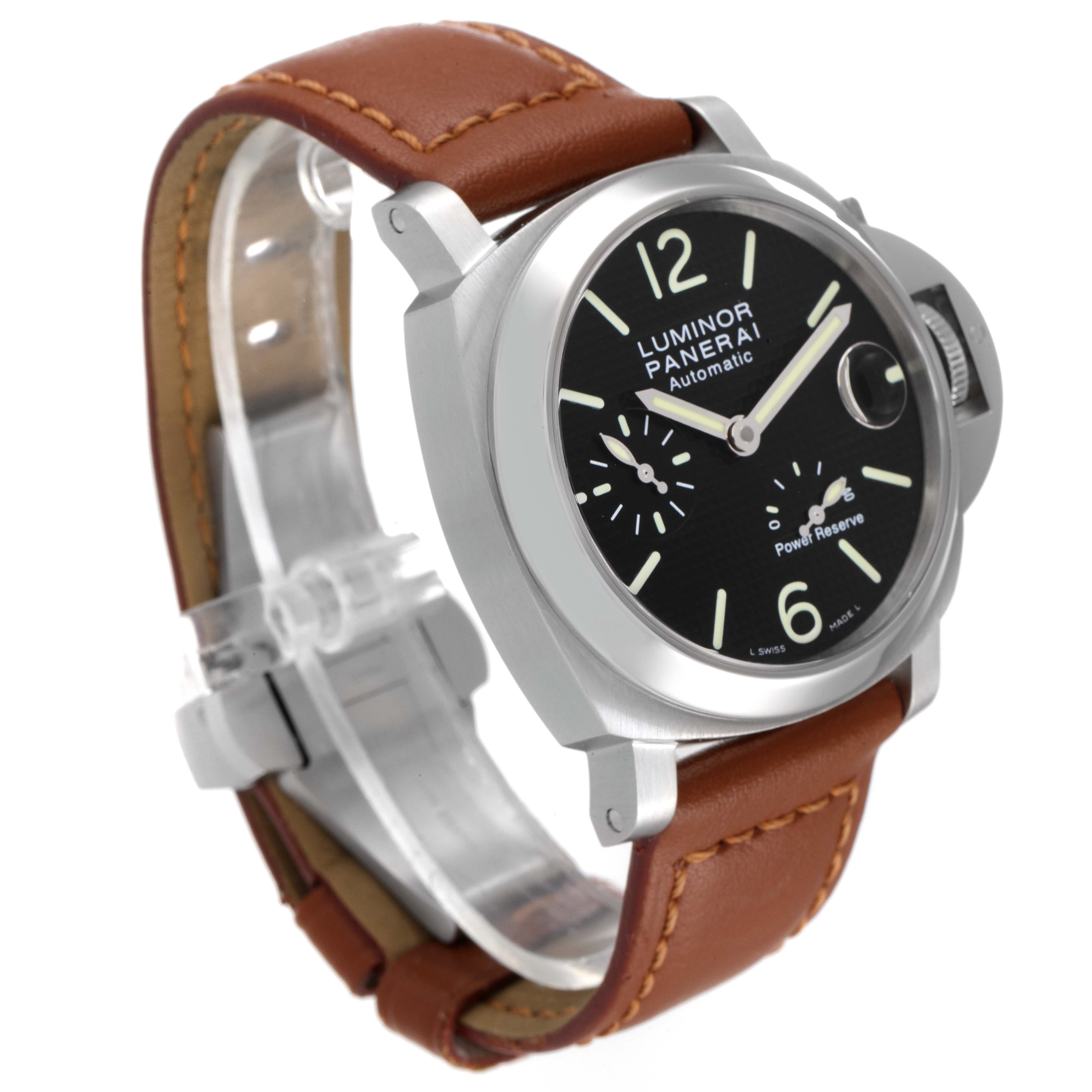 The Panerai Luminor PAM00241 Men's Stainless Steel Black Dial PAM00241 Men's Stainless Steel Black Dial watch is shown at a three-quarter angle, highlighting its black dial, leather strap, and crown guard.
