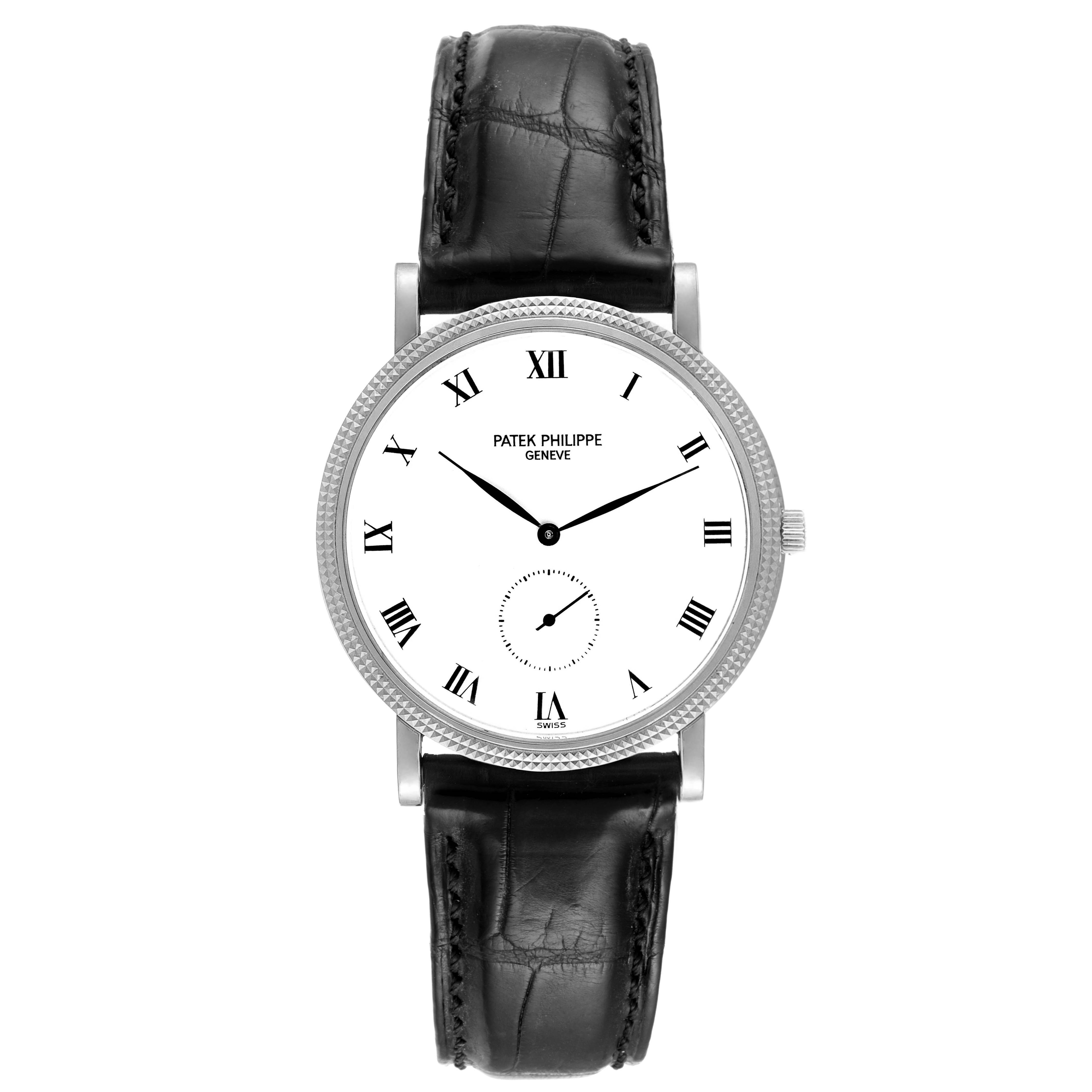 This image shows a front view of a Patek Philippe Calatrava 3919G Men's White Gold White Dial 3919G Men's White Gold White Dial watch with a leather strap, Roman numeral markers, and a subdial.