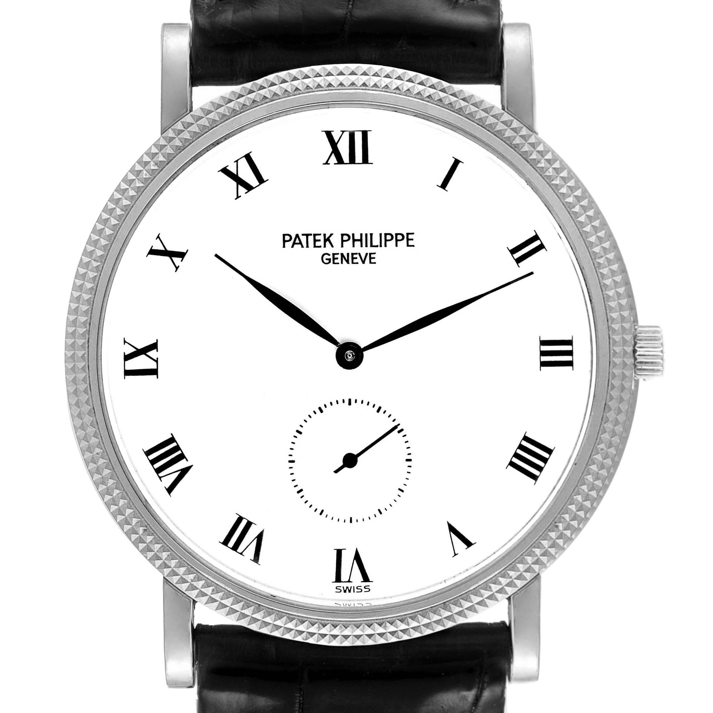 The image shows a front view of a Patek Philippe Calatrava 3919G Men's White Gold White Dial 3919G Men's White Gold White Dial watch, displaying its face, Roman numerals, hands, and crown.