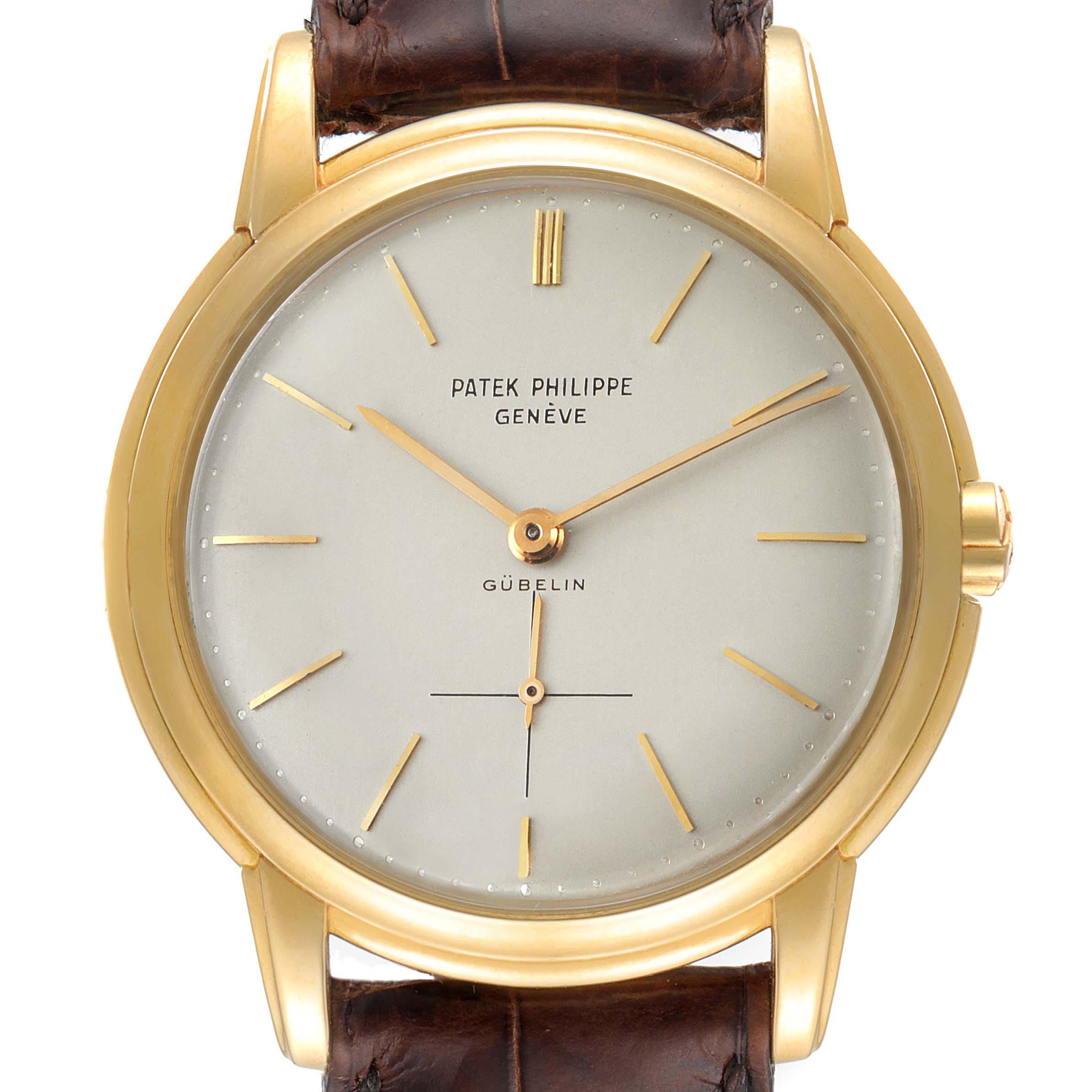 This image shows the front view of a Patek Philippe Calatrava 2551J Men's Yellow Gold Silver Dial 2551J Men's Yellow Gold Silver Dial watch, highlighting its dial, bezel, and leather strap.