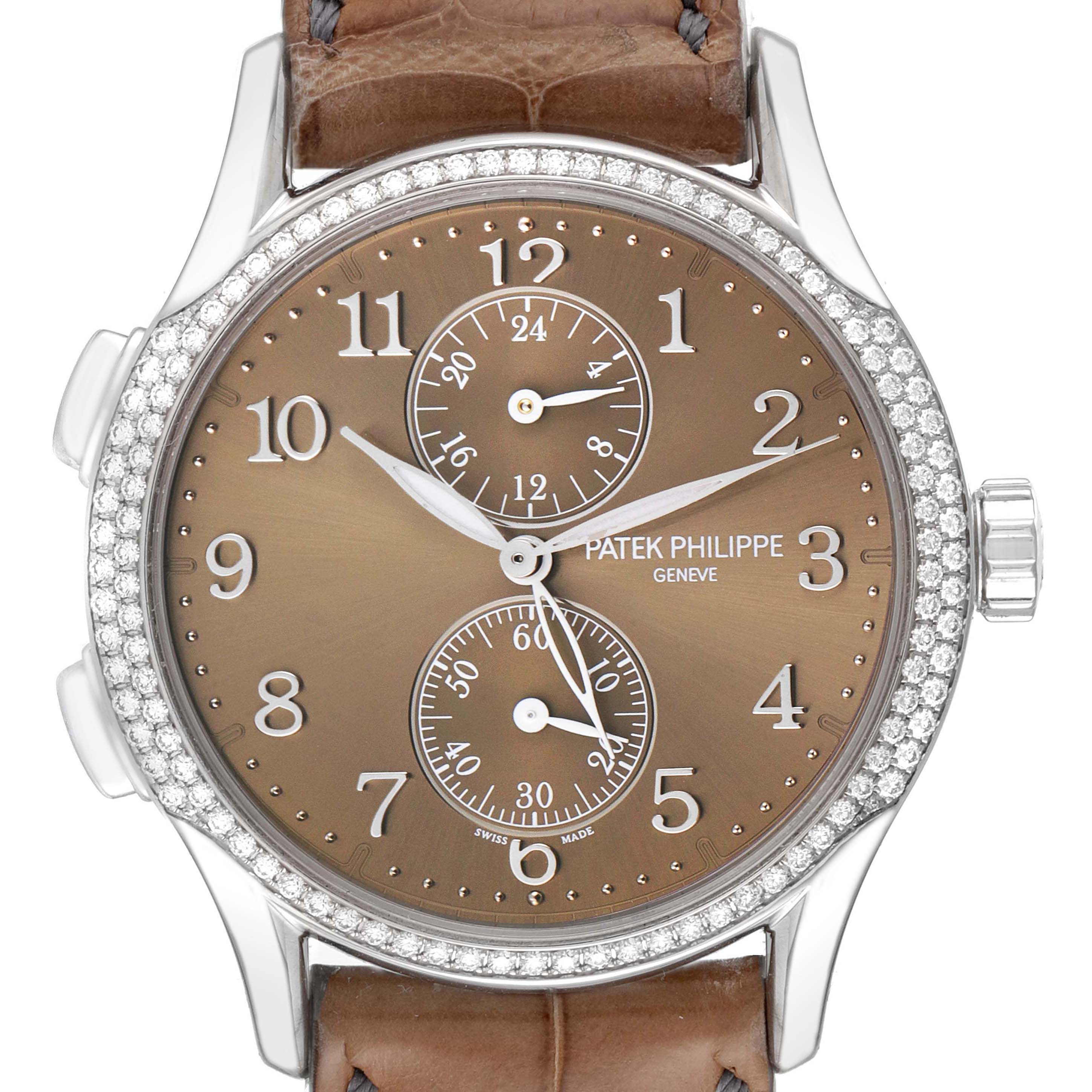 The image shows a Patek Philippe Calatrava 7134G-001 Men's White Gold Brown Dial 7134G-001 Men's White Gold Brown Dial model watch from a front angle, highlighting its brown dial, diamond bezel, and brown leather strap.