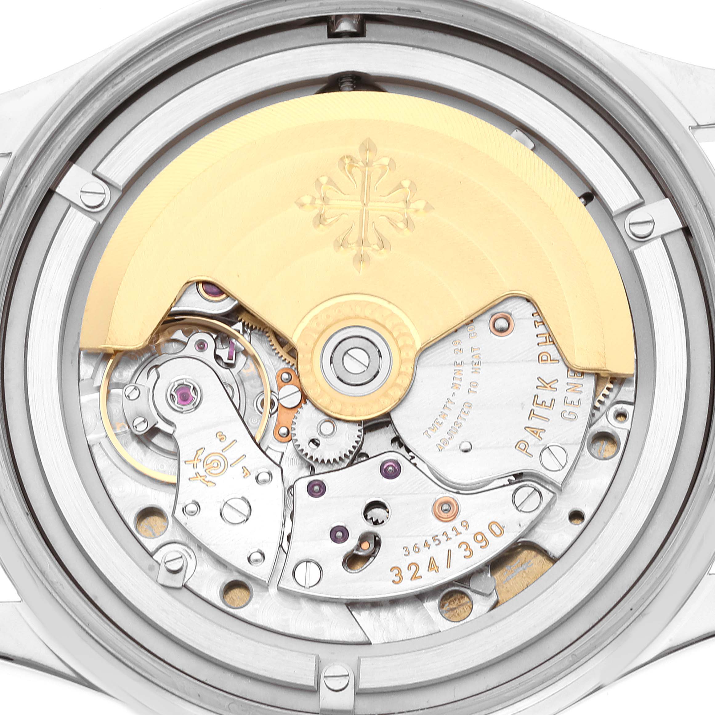 The image shows the intricate back view of the movement of a Patek Philippe Calatrava 5296G Men
s White Gold Silver Dial 5296G Men
s White Gold Silver Dial watch.