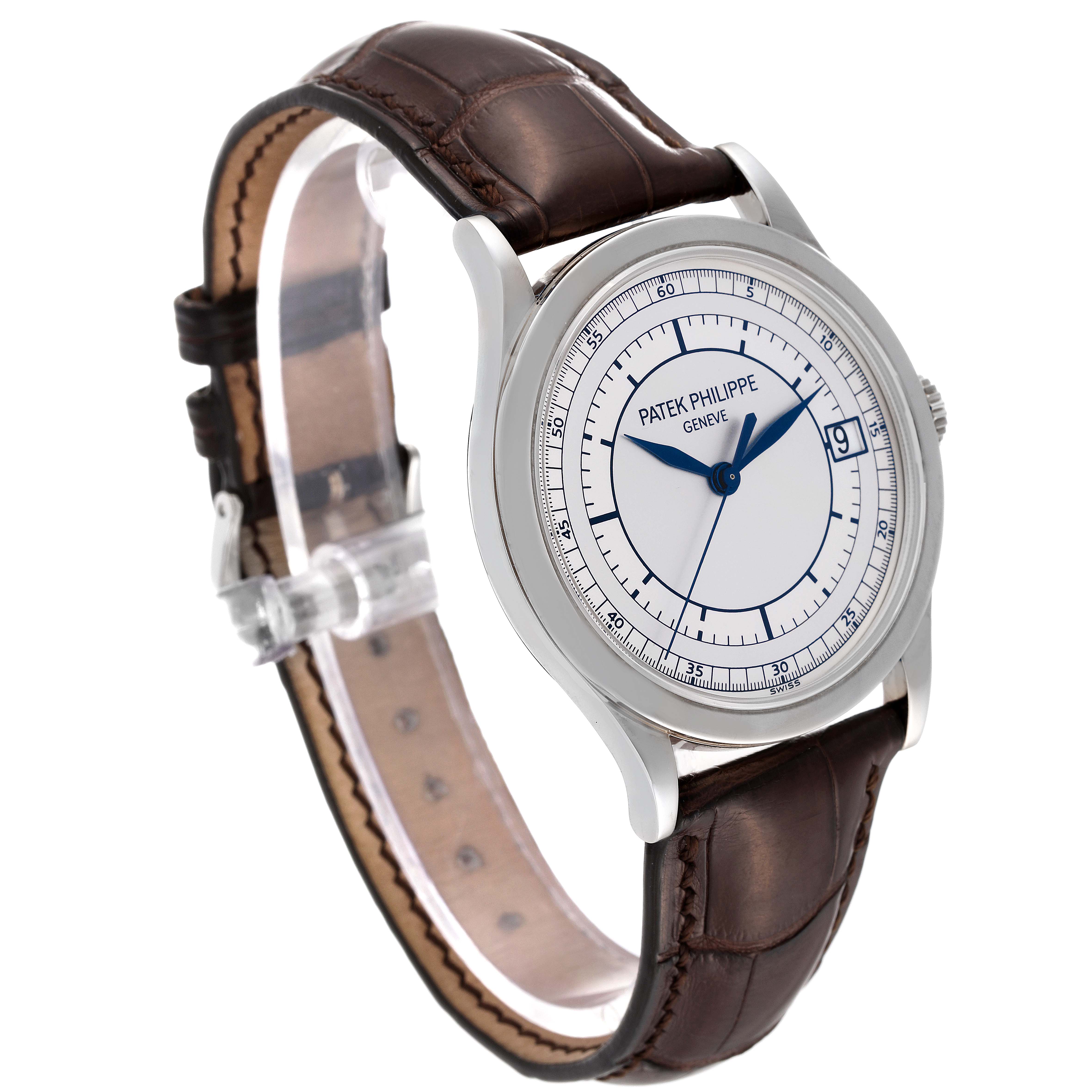 The image shows a Patek Philippe Calatrava 5296G Men
s White Gold Silver Dial 5296G Men
s White Gold Silver Dial watch from a front angled view, highlighting its white dial and brown leather strap.