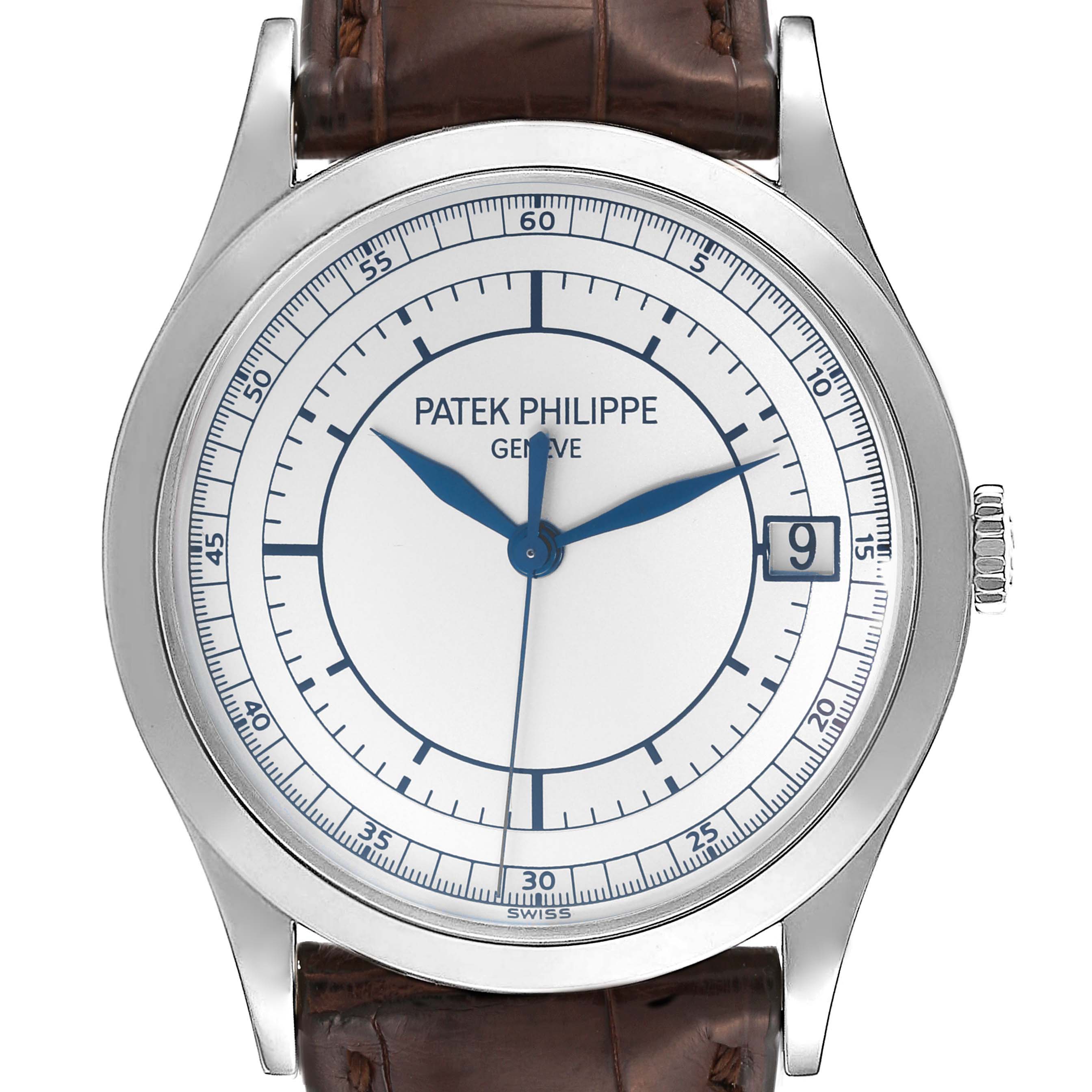 This image shows a front view of the Patek Philippe Calatrava 5296G Men
s White Gold Silver Dial 5296G Men
s White Gold Silver Dial watch, highlighting its dial, case, crown, and leather strap.