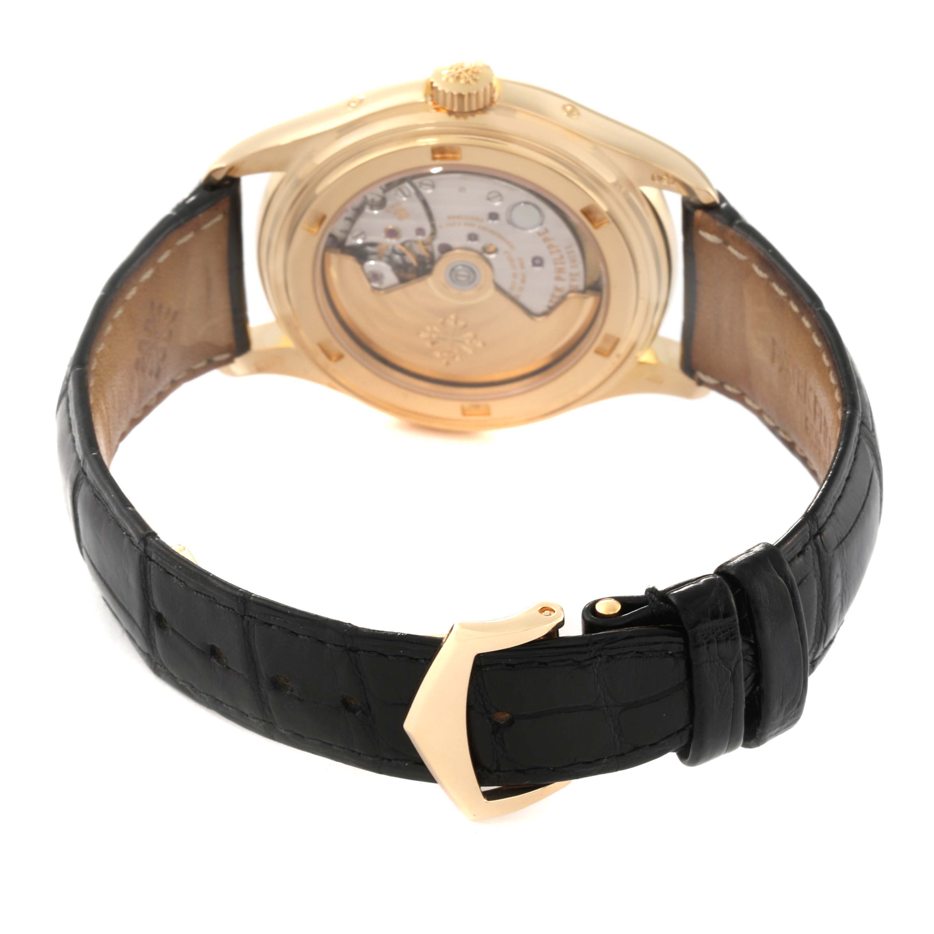 The image shows the back view of the Patek Philippe Complications 5146J-010 Men's Yellow Gold Grey Dial 5146J-010 Men's Yellow Gold Grey Dial watch and its black leather strap.