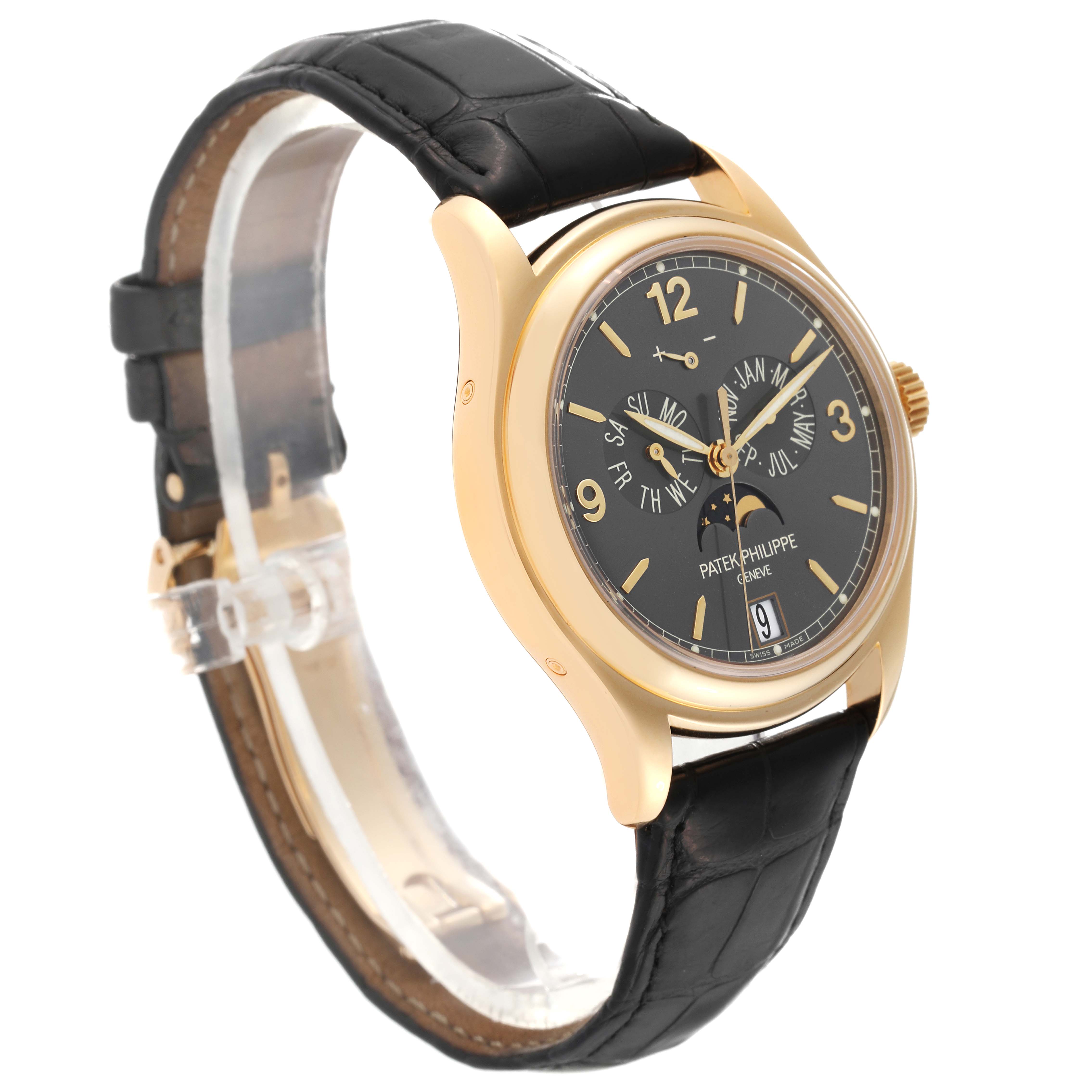 The image shows a Patek Philippe Complications 5146J-010 Men's Yellow Gold Grey Dial 5146J-010 Men's Yellow Gold Grey Dial model from a left side angle, highlighting the face, hands, strap, and crown.