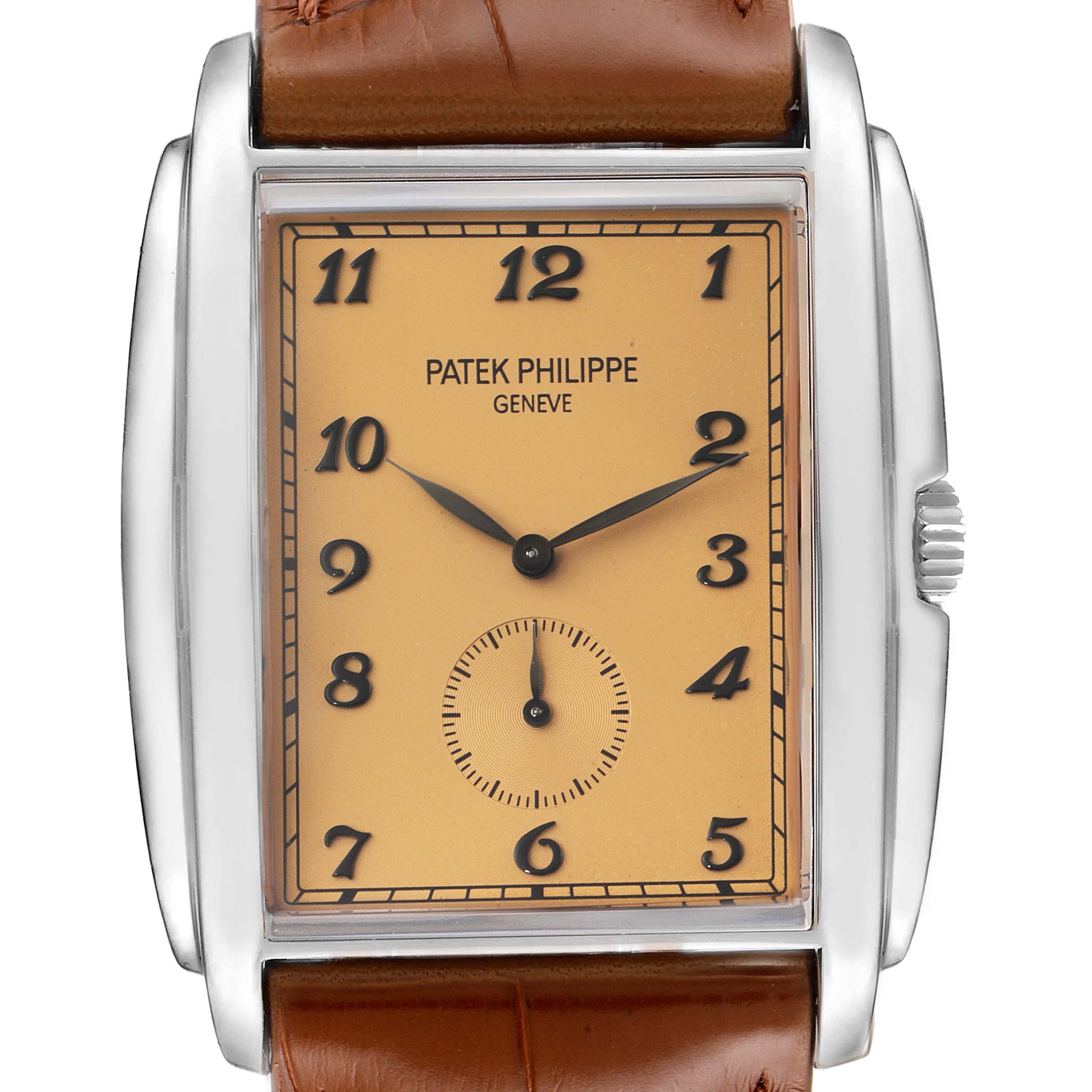 The image shows a frontal view of the Patek Philippe Gondolo 5124G-001 Men's White Gold Pink Dial 5124G-001 Men's White Gold Pink Dial watch, emphasizing its face, dial, and leather strap.